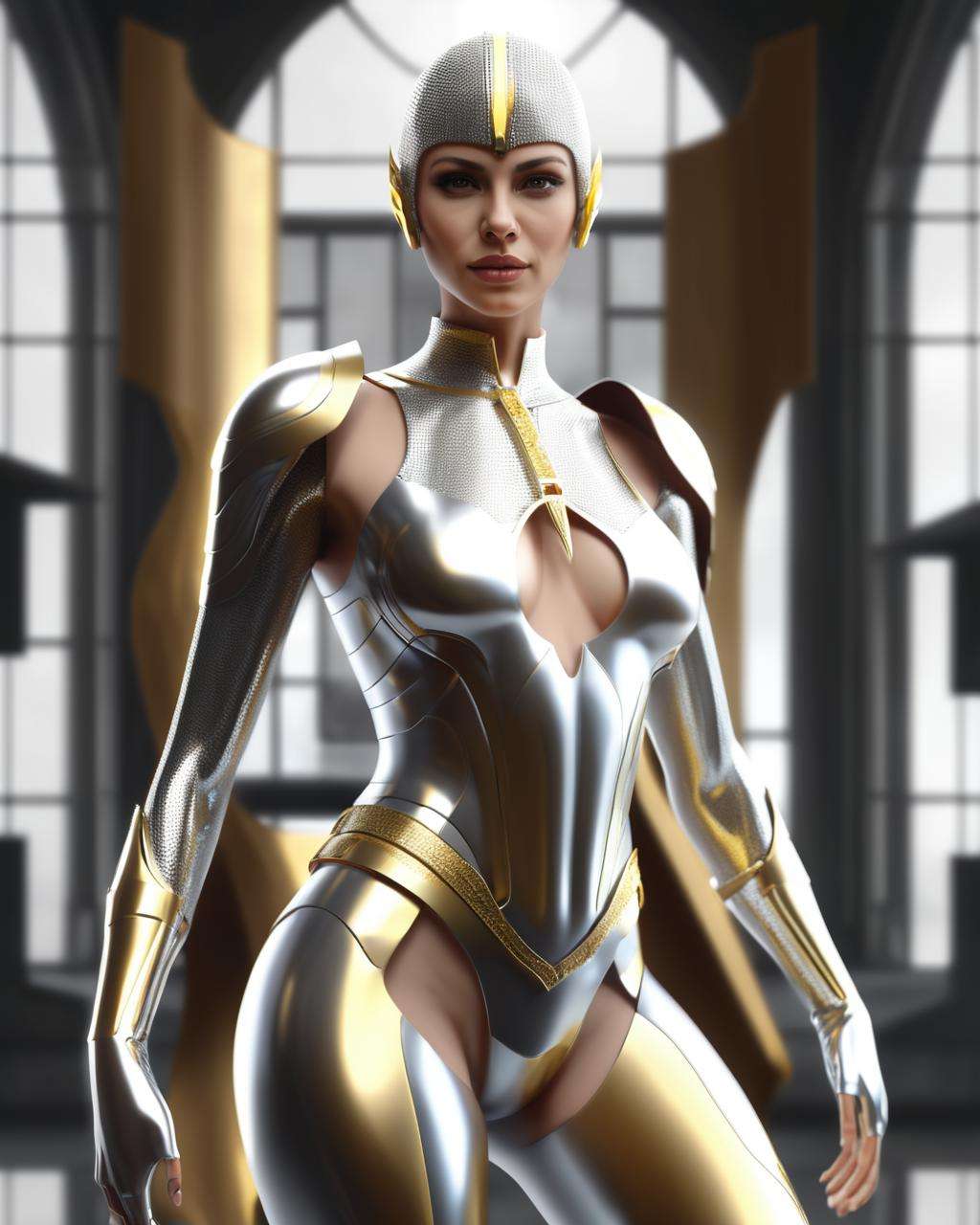 a woman in a silver and gold outfit , cyb-3d-art<lora:cyb-3d-art_sdxl:1.0>