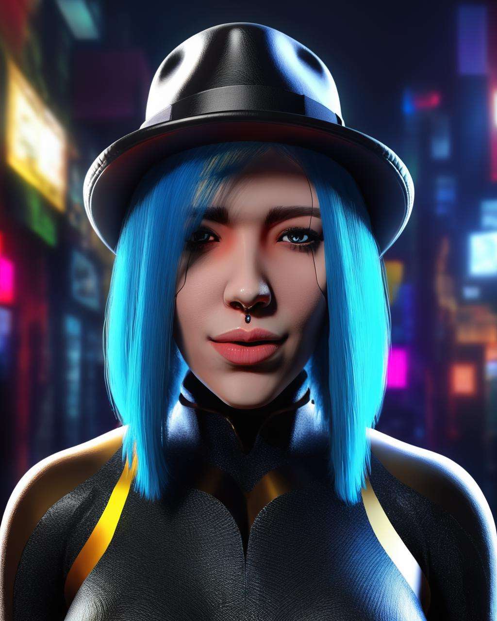 a woman with blue hair wearing a hat and a top , cyb-3d-art<lora:cyb-3d-art_sdxl:1.0>