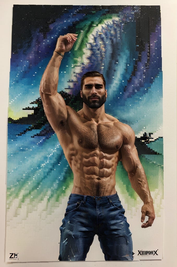 Highly detailed, High Quality, Masterpiece, beautiful, DrakePostingMeme, , 1boy, upper body, gigachad, ,LightningPunkAI anime zoomed ,gigachad,paper_cut,xjrex colorful ultra realistic
,pixel_art,xjrex