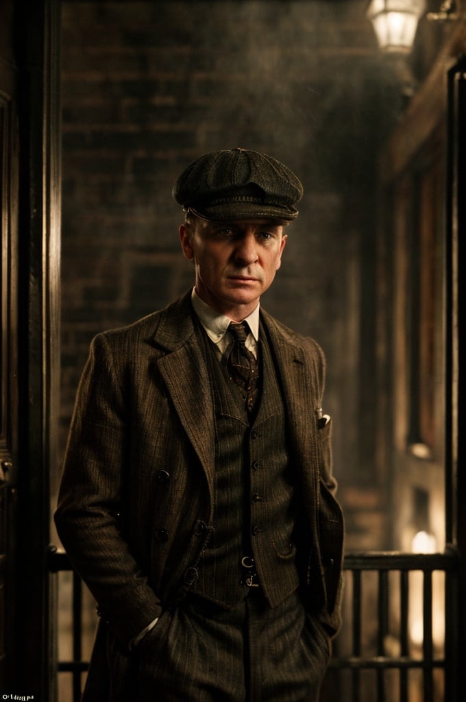 color photo of "Peaky Blinders"
A gritty portrait of the Shelby family, their faces masked by shadows, showcasing their sharp suits, flat caps, and fierce expressions. The scene is set in the dimly lit streets of Birmingham, with smoke billowing from factory chimneys and cobblestone roads. The atmosphere is tense, with a hint of danger lingering in the air. The camera captures the essence of the 1920s era, bringing to life the roaring spirit of the Peaky Blinders. The photo is captured with a vintage Leica M3 camera, using Kodak Portra 400 film to enhance the rich colors and tones. The lens used is a 50mm f/1.4, allowing for a shallow depth of field and dramatic focus on the characters. Directed by Martin Scorsese, cinematography by Roger Deakins, photography by Annie Leibovitz, and fashion design by Alexander McQueen