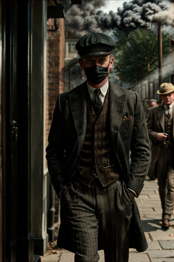 color photo of "Peaky Blinders"
A gritty portrait of the Shelby family, their faces masked by shadows, showcasing their sharp suits, flat caps, and fierce expressions. The scene is set in the dimly lit streets of Birmingham, with smoke billowing from factory chimneys and cobblestone roads. The atmosphere is tense, with a hint of danger lingering in the air. The camera captures the essence of the 1920s era, bringing to life the roaring spirit of the Peaky Blinders. The photo is captured with a vintage Leica M3 camera, using Kodak Portra 400 film to enhance the rich colors and tones. The lens used is a 50mm f/1.4, allowing for a shallow depth of field and dramatic focus on the characters. Directed by Martin Scorsese, cinematography by Roger Deakins, photography by Annie Leibovitz, and fashion design by Alexander McQueen