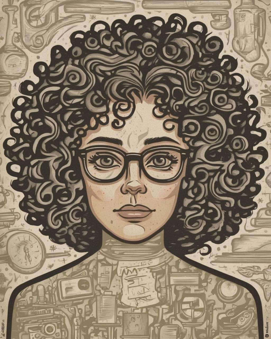 a woman with glasses and a curly hair , Guide,  Dave_Quiggle_Style<lora:Dave_Quiggle_Style_sdxl:1.0>