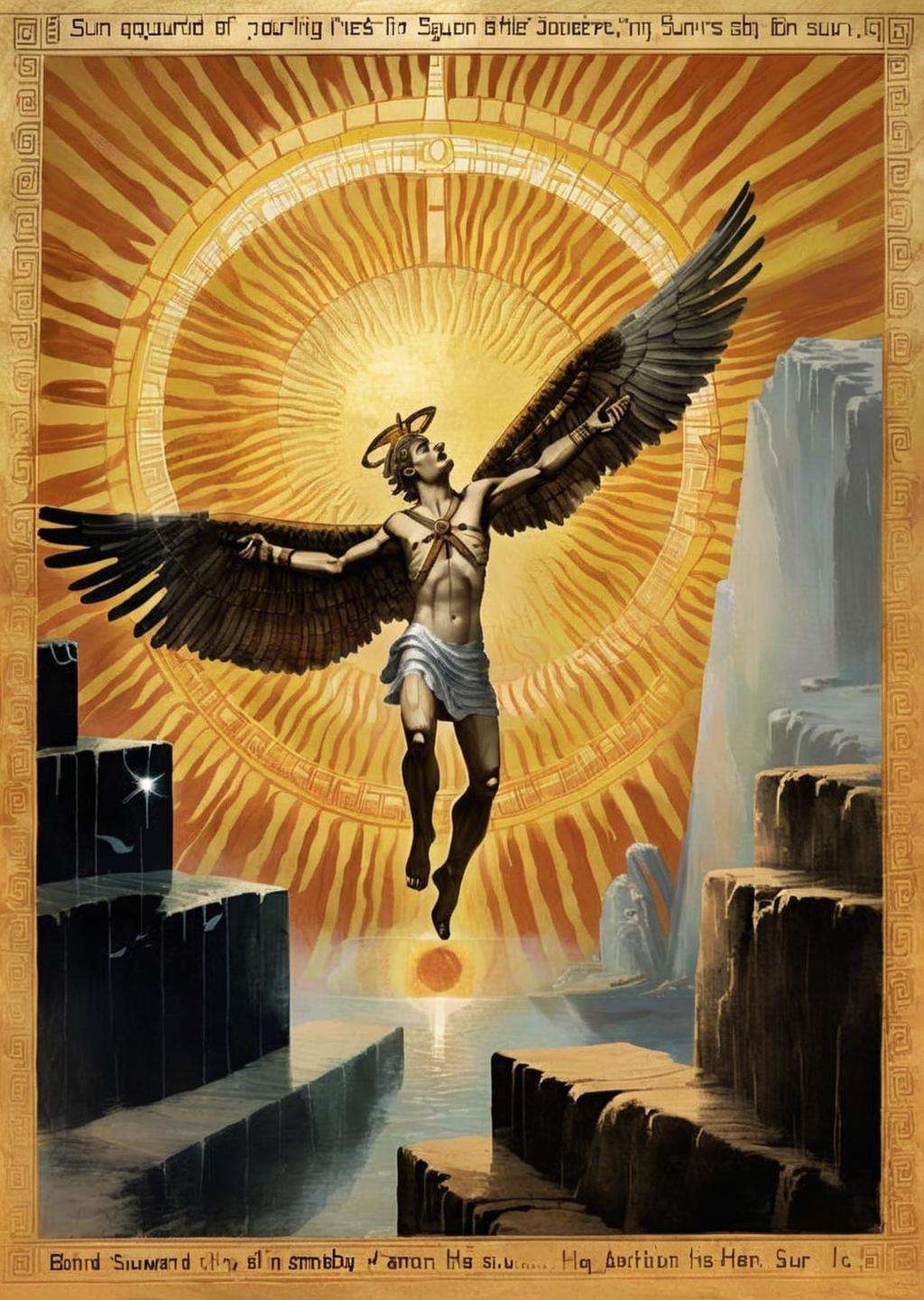 (best quality) , Sunward Sojourn: A series of images showcasing Icarus' journey toward the sun, emphasizing his growing confidence and the symbolic nature of his ambition:1.6, Sunward Sojourn:1.2, series of images:1.2, Icarus' journey:1.1, sun:1.1, growing confidence:1.1, symbolic nature:1.1, ambition:1.1. , icarus, by Bobby Chiu , by Simon Hanselmann , by Jill Thompson<lora:Icarus_sdxl-v1:1.0>