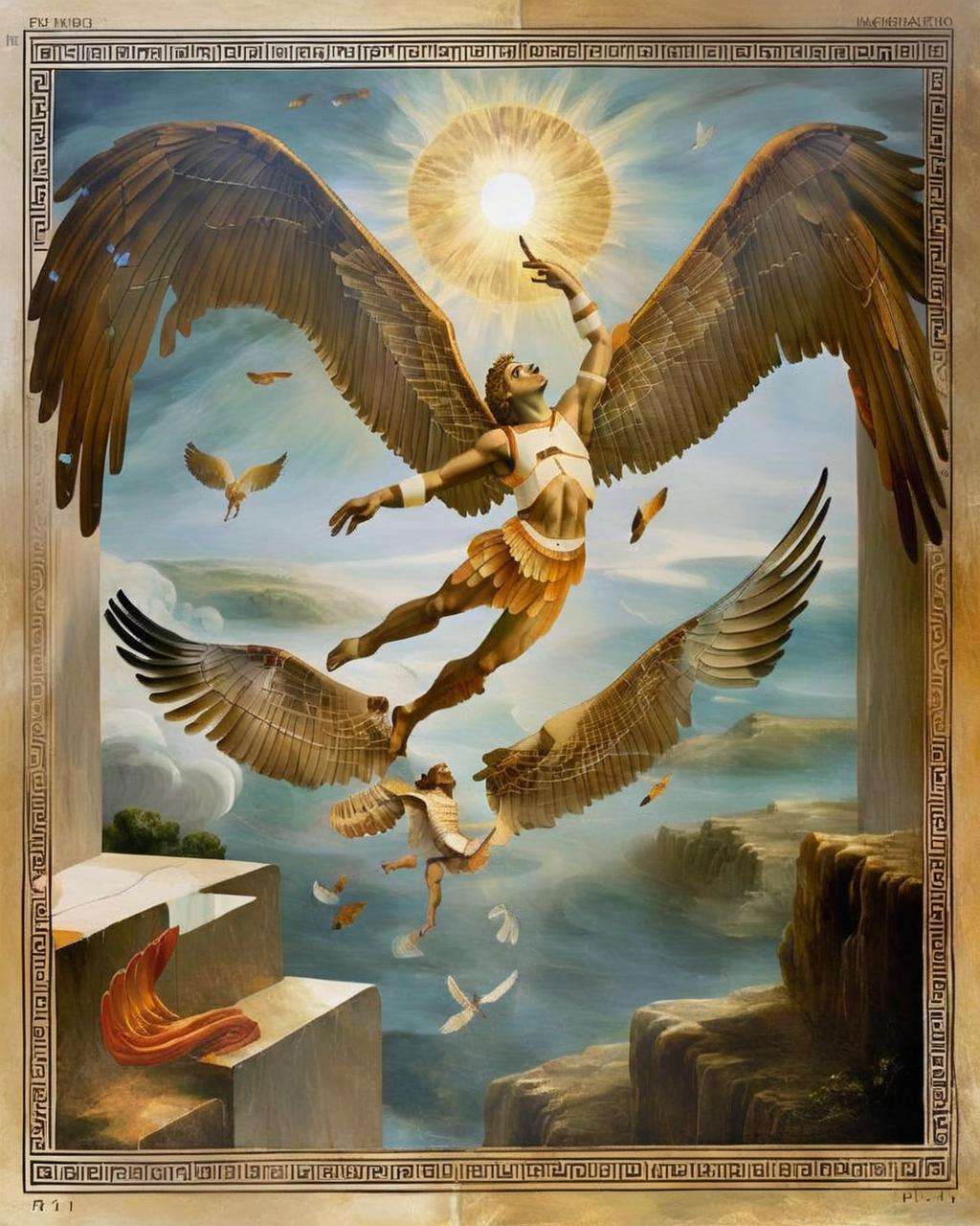 (best quality) , Wings of Imagination: A section dedicated to imaginative depictions of Icarus' flight in literature, visual arts, and music, exploring the boundless realms of creativity:1.6, Wings of Imagination:1.2, section dedicated:1.2, imaginative depictions:1.1, Icarus' flight:1.1, literature:1.1, visual arts:1.1, music:1.1, boundless realms:1.1, creativity:1.1. , icarus, <lora:Icarus_sdxl-v1:1.0>