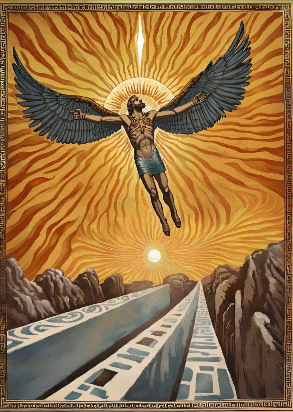 (best quality) , Sunward Sojourn: A series of images showcasing Icarus' journey toward the sun, emphasizing his growing confidence and the symbolic nature of his ambition:1.6, Sunward Sojourn:1.2, series of images:1.2, Icarus' journey:1.1, sun:1.1, growing confidence:1.1, symbolic nature:1.1, ambition:1.1. , icarus, by Maria Herreros , by Gabriel Picolo , by Brian Fies<lora:Icarus_sdxl-v1:1.0>