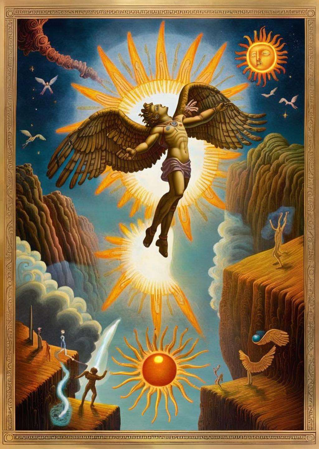 (best quality) , Apollo's Realm: An ethereal spread portraying Icarus' proximity to the sun, with intricate details of the celestial realm and the god Apollo's presence:1.6, Apollo's Realm:1.2, ethereal spread:1.2, Icarus' proximity:1.1, sun:1.1, intricate details:1.1, celestial realm:1.1, god Apollo:1.1, presence:1.1. , icarus, by Jim Woodring , by Shaun Tan , by KAWS<lora:Icarus_sdxl-v1:1.0>