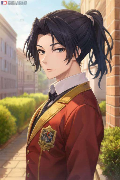 masterpiece, best quality, , 1boy, solo, male focus, looking at viewer, upper body, depth of field, <lora:sherlock_holmes:0.70>, sherlock_holmes, black hair, ponytail, black eyes, graduation costume, fantasy, HDR