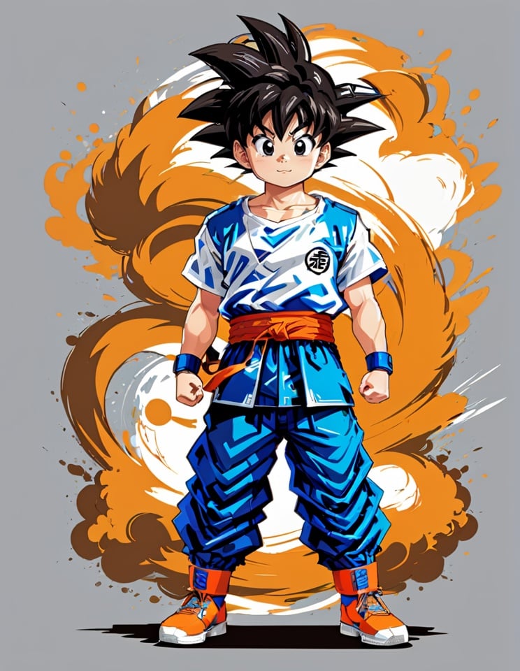 1boy, arms at sides, belt, black eyes, black hair, child, clenched hands, closed mouth, clothes writing, dougi, full body, grey background, looking at viewer, male child, male focus, pants, shadow, shirt, shoes, short sleeves, simple background, smile, solo, son goku, spiked hair, standing, t-shirt, tshirt design, white shirt, wristband <lora:sdxl_TshirtDesign:0.8>