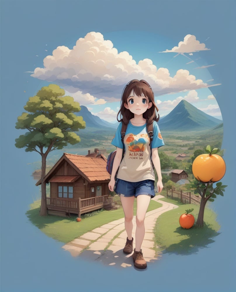 1girl, backpack, bag, blue shirt, blue sky, brown eyes, brown footwear, brown hair, brown shorts, cloud, cloudy sky, day, food, fruit, grass, house, long hair, mountain, orange \(fruit\), outdoors, scenery, shirt, short sleeves, shorts, simple background, sky, solo, standing, tree, tshirt design, walking<lora:sdxl_TshirtDesign:1>