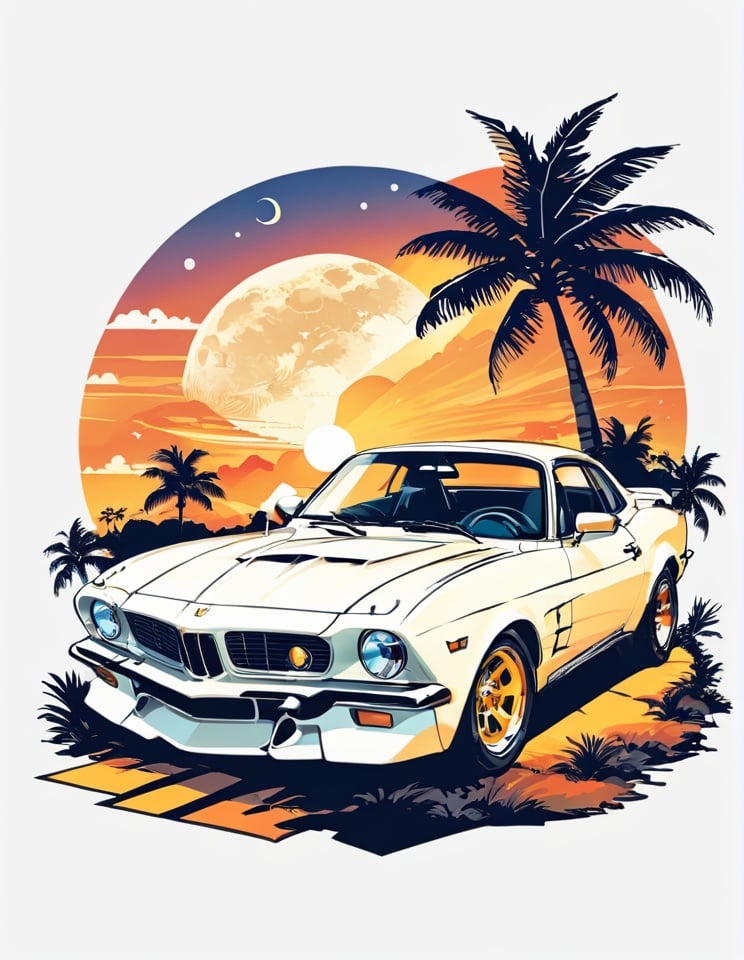 bird, car, cloud, ground vehicle, moon, motor vehicle, no humans, outdoors, palm tree, simple background, sky, sports car, sun, sunset, tree, tshirt design, vehicle focus <lora:sdxl_TshirtDesign:0.8>