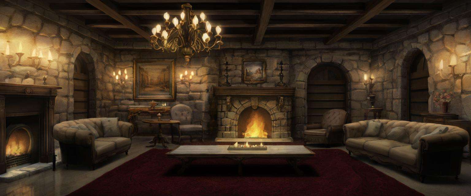 a stone castle interior during the middle of the night with chandeliers, fur rugs and a lit fireplace,  <lora:Detailed Interior Style SDXL v1:0.85>