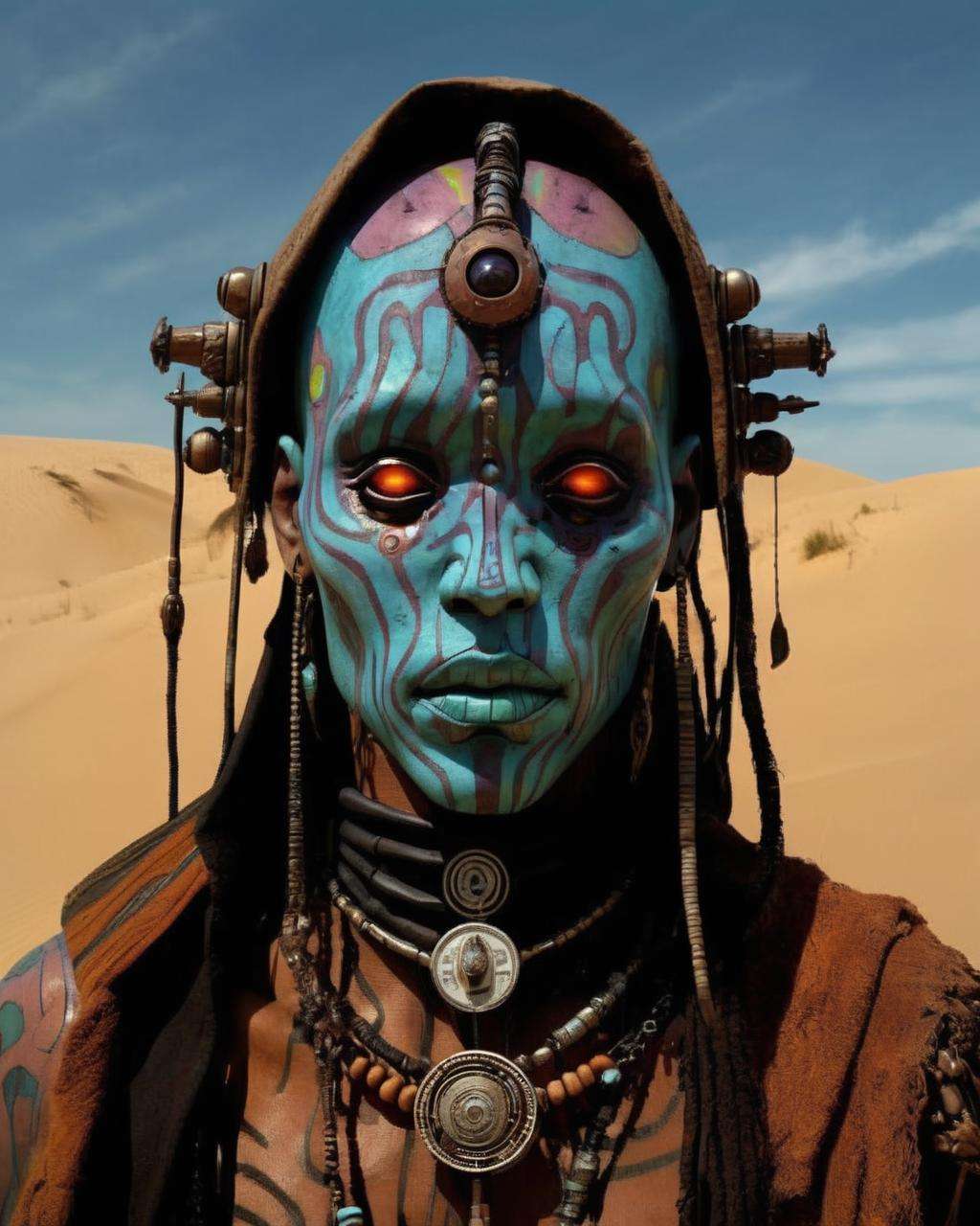 Echoes ,  high quality photo of a mistic shaman cyberpunk in a Dune's scene,  portrait of a futuristic shaman voodoo maste...