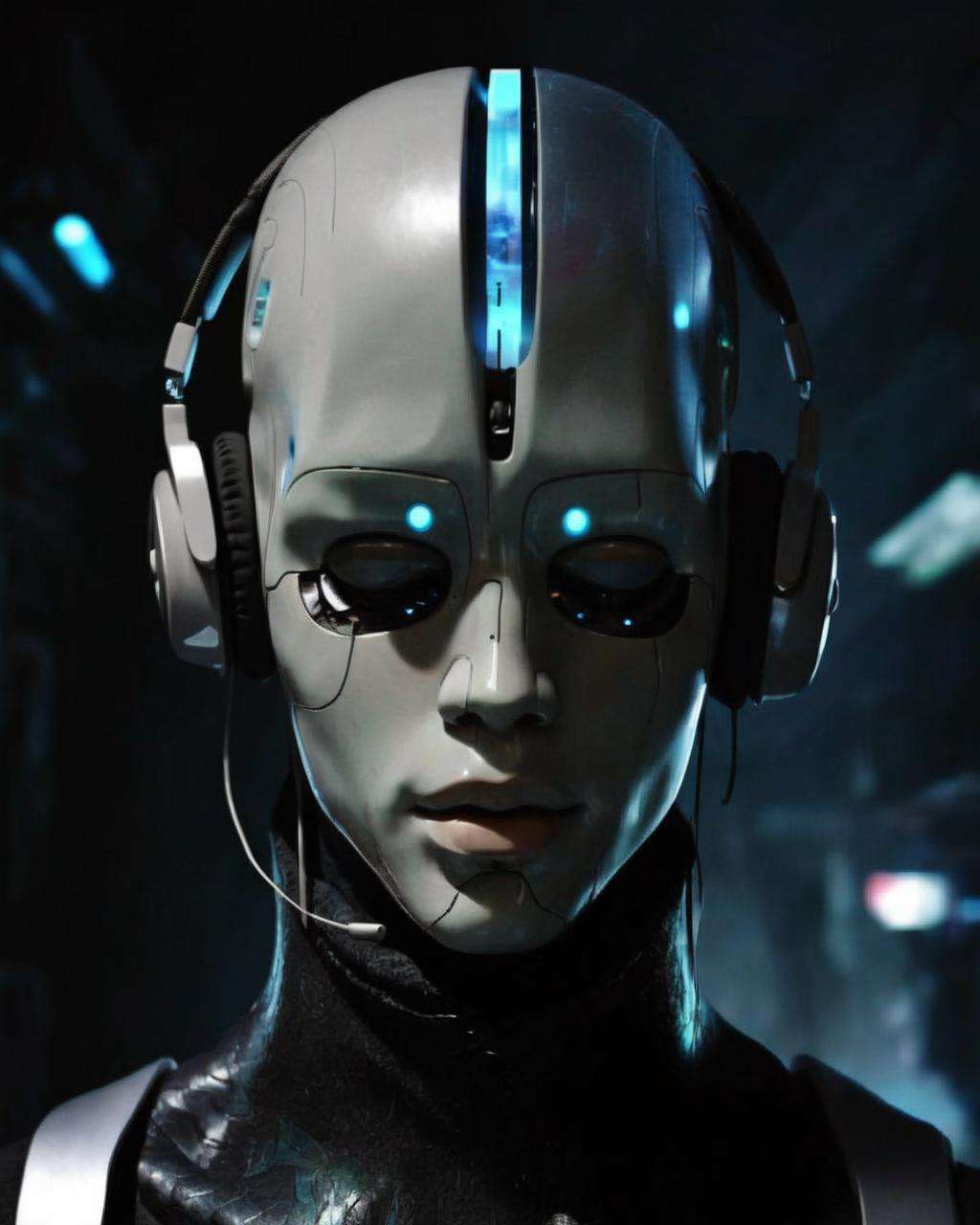 a man with a futuristic head and earphones ,  Echoes by Ciro Negrogni on Tensor.Art
