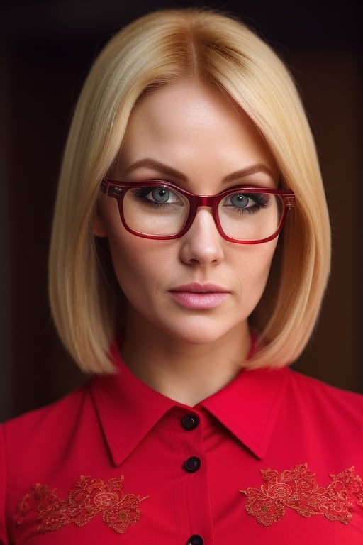 a portrait of a woman with blonde hair, around 35 years old, upper body, intricate details, hyperdetailed, cinematic, high key, hdr, shoulders covered, red business shirt, glasses