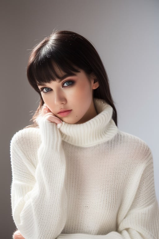 (8k, masterpiece, best quality, solo, sfw), ((wo_mel03)), portrait, (white thick knit turtleneck sweater), looking at camera, eyelines, eyeshadows, simple dark background