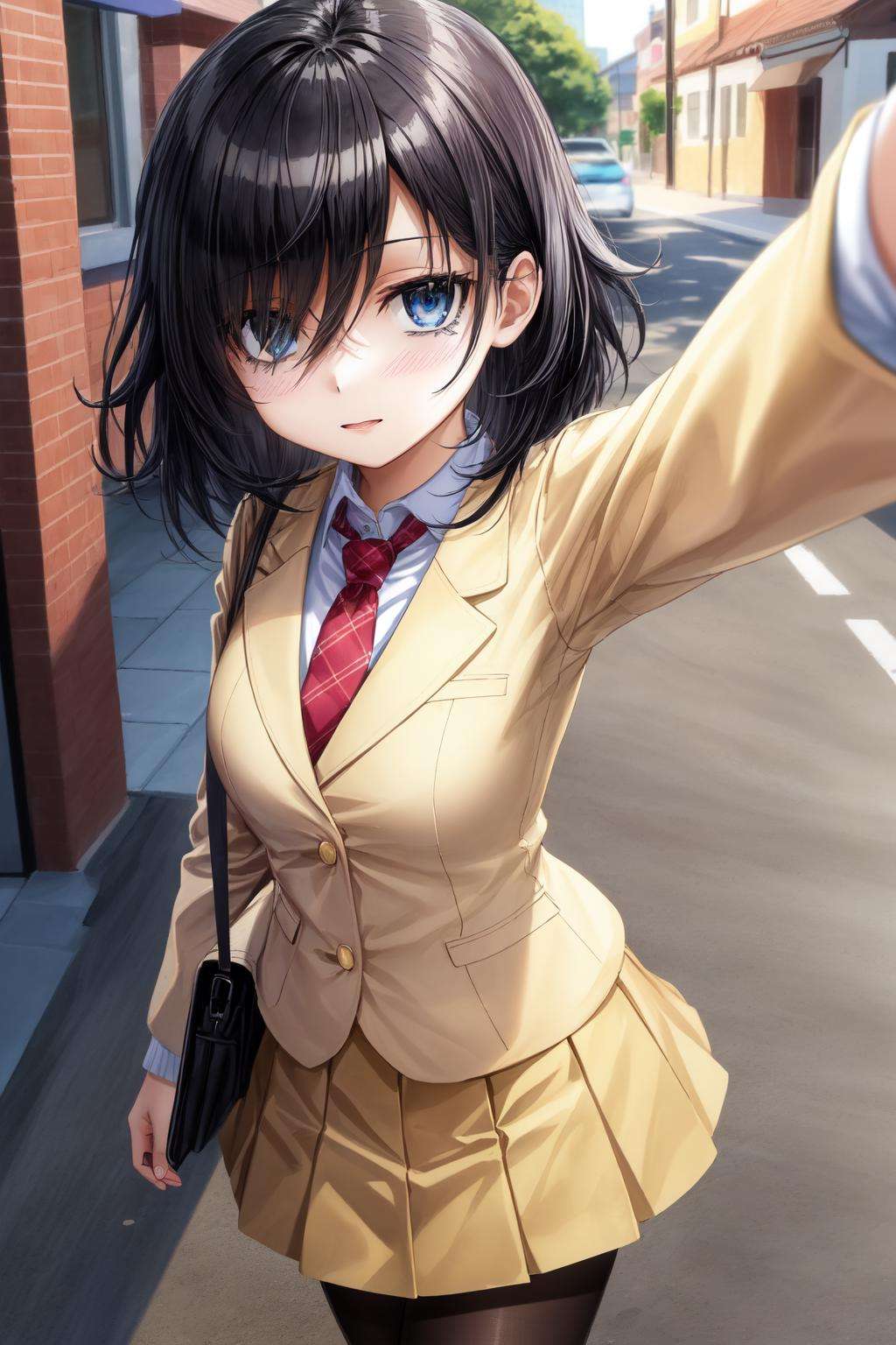 1girl, (masterpiece:1.3), (high resolution), (8K), (extremely detailed), (4k), (pixiv), perfect face, nice eyes and face, (best quality), (super detailed), detailed face and eyes, (solo), textured skin, <lora:tomoko_kuroki-08:0.7>, tomoko, hair over one eye, bags under eyes,black hair, school uniform, black pantyhose, red necktie, yellow skirt, pleated skirt, yellow jacket, outdoors, (pov:1.3), (selfie:1.3), street, <lora:more_details:0.5> 