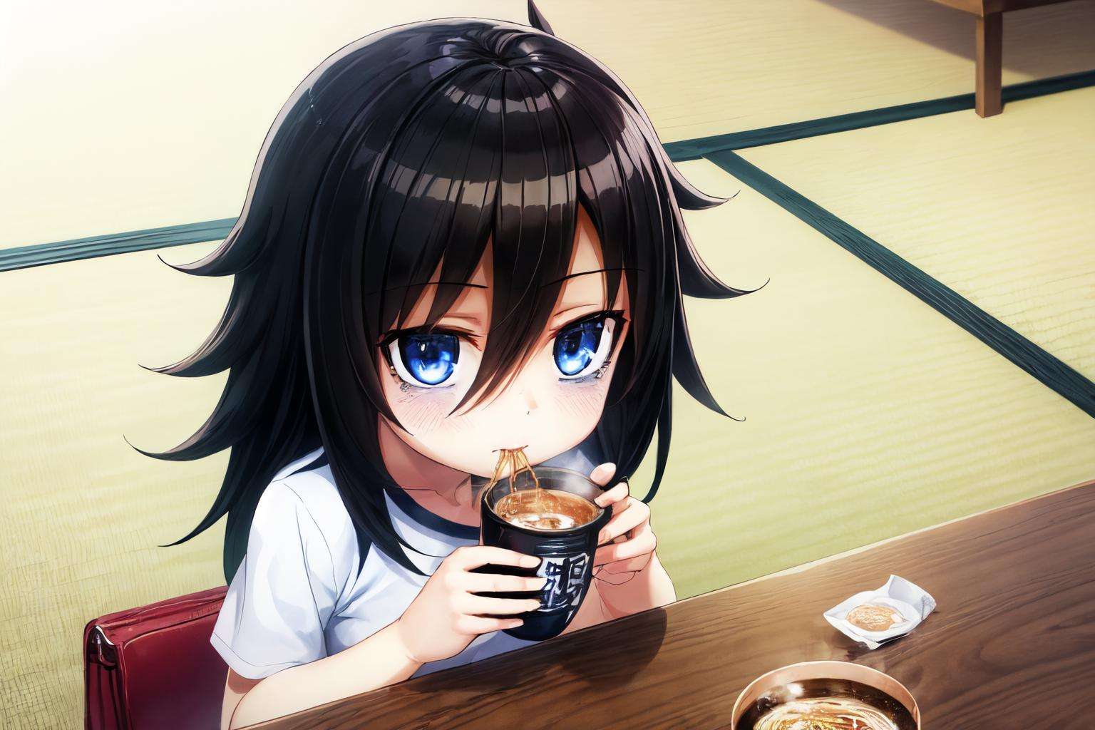 1girl, (masterpiece:1.3), (high resolution), (8K), (extremely detailed), (4k), (pixiv), perfect face, nice eyes and face, (best quality), (super detailed), detailed face and eyes, (solo), textured skin, <lora:tomoko_kuroki-08:0.7>, tomoko,  bags under eyes, black hair, <lora:more_details:0.5>, eating, cup ramen, room, sitting, tatami, table