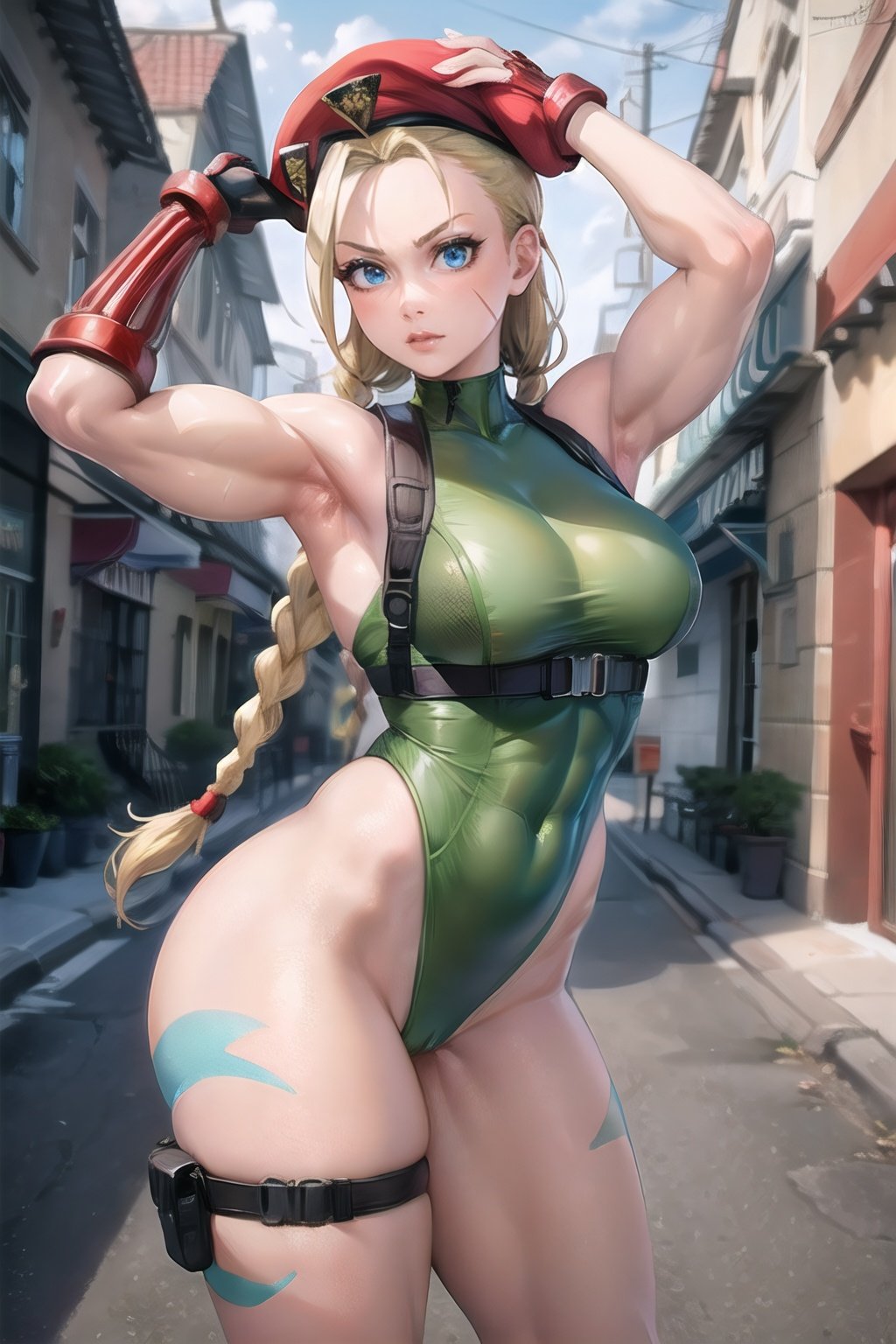 "cammy_green_bodysuit_aiwaifu,cammy white,hat,long hair,beret,braid,twin braids,gloves,green leotard,blue eyes,fingerless gloves.scar,highleg leotard,antenna hair,highleg,lips,red gloves,muscular,red headwear,large breasts,camouflage,thick thighs,covered navel,thong leotard,muscular female,abs,scar on face,thigh strap,bare shoulders,bodypaint,covered nipples,scar on cheek,very long hair,skin tight,toned,cameltoe,thigh holster,shiny skin,impossible leotard,collarbone,long braid,chest harness,makeup,turtleneck,	"
masterpiece,best quality,ultra detailed, 8k, cinematic light,highly detailed, scenery,pose,solo,looking at viewer,cammy_green_bodysuit_aiwaifu