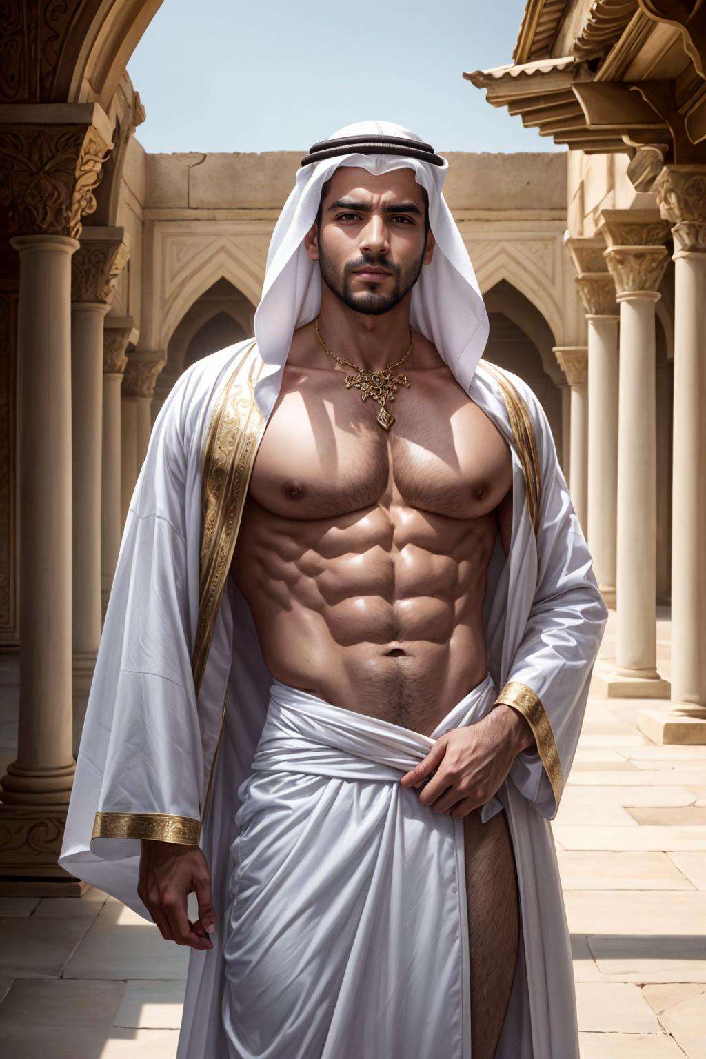 realistic, masterpiece, best quality, cinematic, dynamic lighting, soft shadow, highest detail, professional photography, detailed background, depth of field, insane details, intricate, aesthetic, detailed face, subsurface scattering, realistic hair, realistic eyes, 1boy, muscular, manly, (large pectorals:1), pectorals, abs, photo of a handsome arab man wearing intricate white and gold arabian royal robes, (see-through clothes), jewelry, standing in front of an arabian palace, outdoors, palace courtyard, far away palace background, medieval arabia, Arab Sultan, intense sunlight,