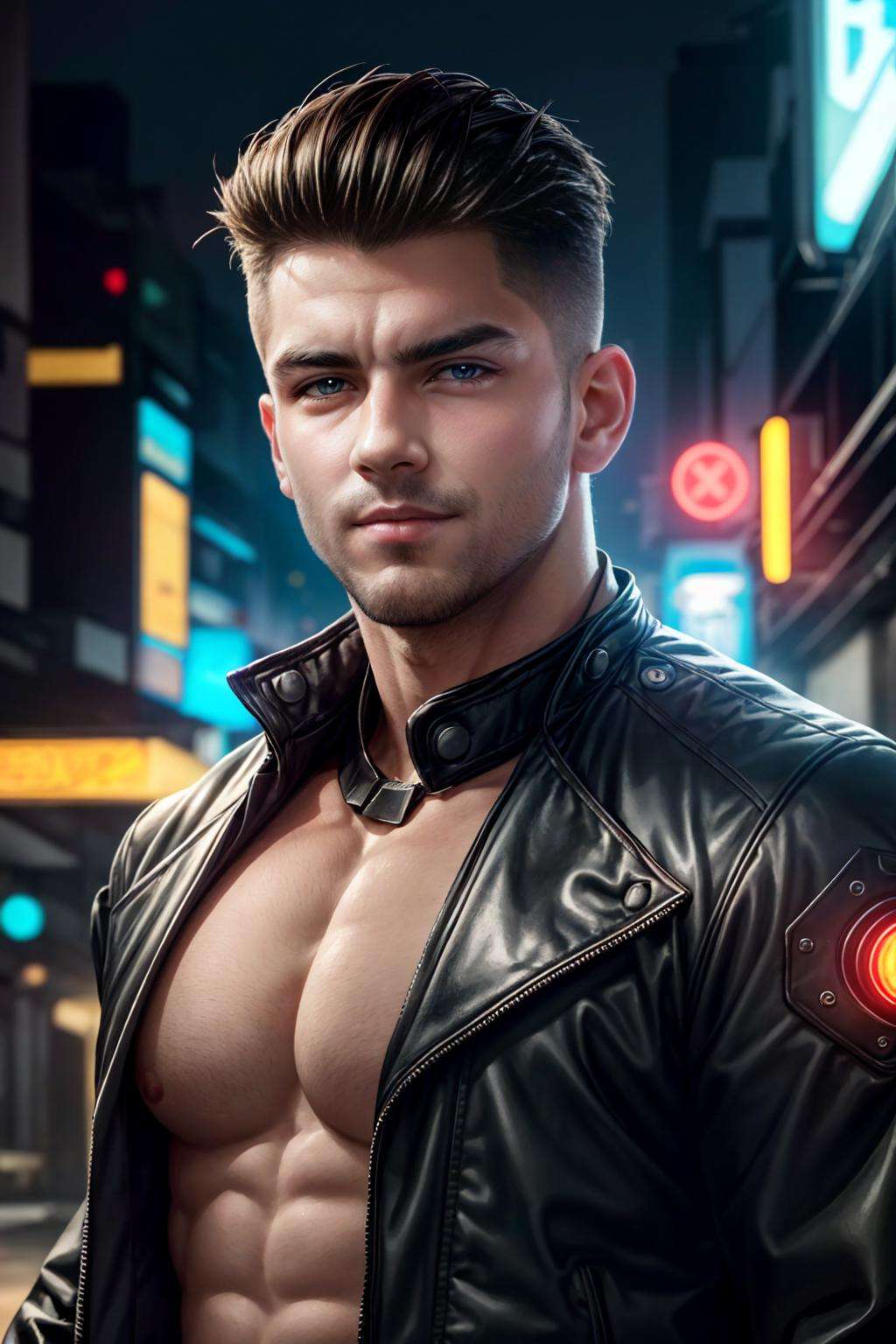 realistic, masterpiece, best quality, cinematic, dynamic lighting, soft shadow, highest detail, professional photography, detailed background, depth of field, insane details, intricate, aesthetic, detailed face, subsurface scattering, realistic hair, realistic eyes, 1boy, muscular, manly, (large pectorals:1), Portrait photo of a handsome man in a cyberpunk glowing jacket, (neon lights), sharp focus, futuristic city street, soft lighting, vibrant colors, looking at viewer, robot eyes, beard, (30 year old), smirk, facing camera, vibrant colors,