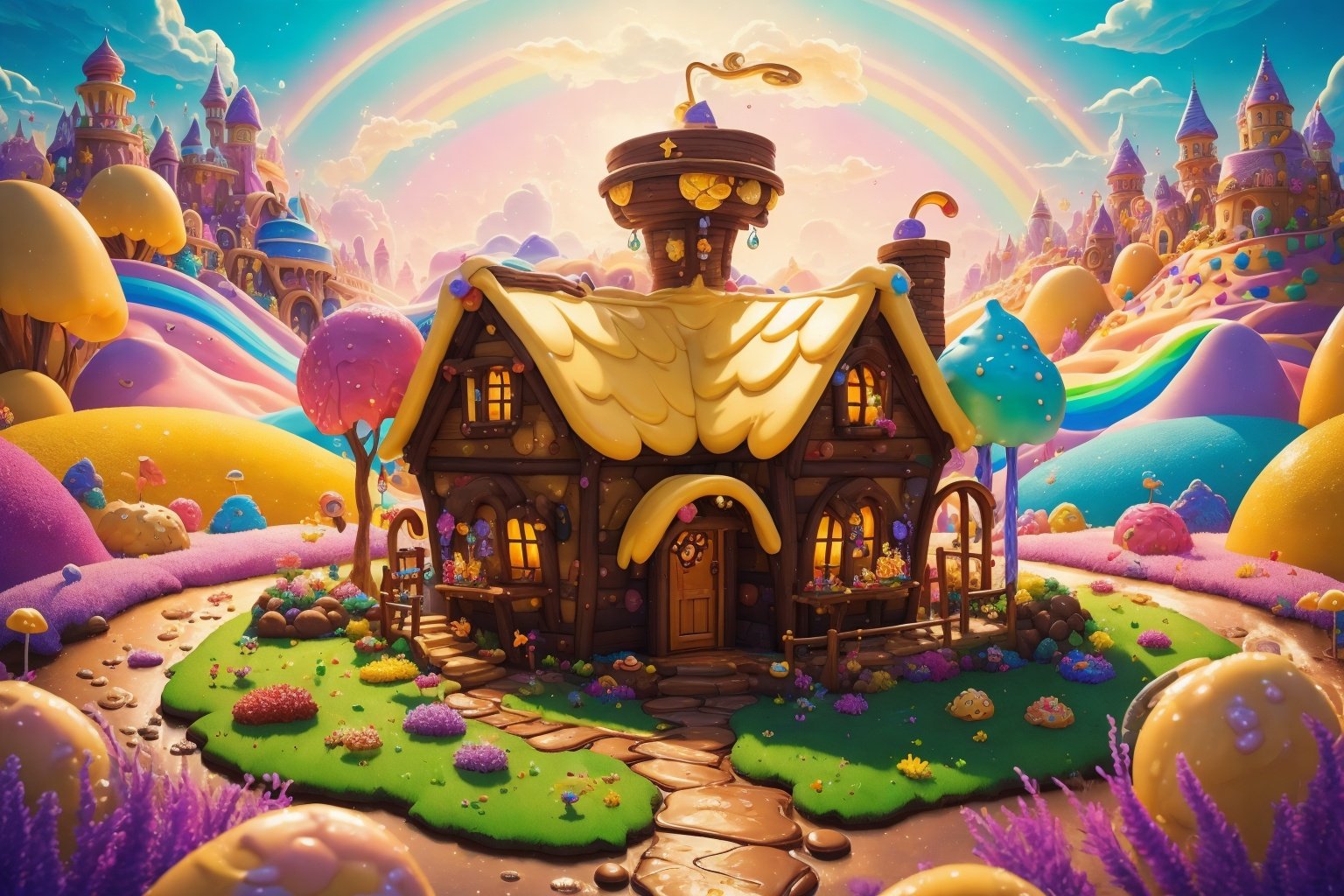 (Masterpiece, best quality:1.3), highly detailed, fantasy, <lora:Candyland-10:0.85>, 8k, candyland, dynamic, cinematic, ultra-detailed, full background, fantasy, illustration, drip, sparkle, pancake:1.3), grass, syrup, glitter, scenery, ((no humans)), drizzle, beautiful, (shiny:1.2), various colors, monolithic, bloom:0.4, extremely detailed, (yellow and brown theme:1.3), striped, rainbow, (gradients), mushroom kingdom, lively, perfect composition, glaze, colorful