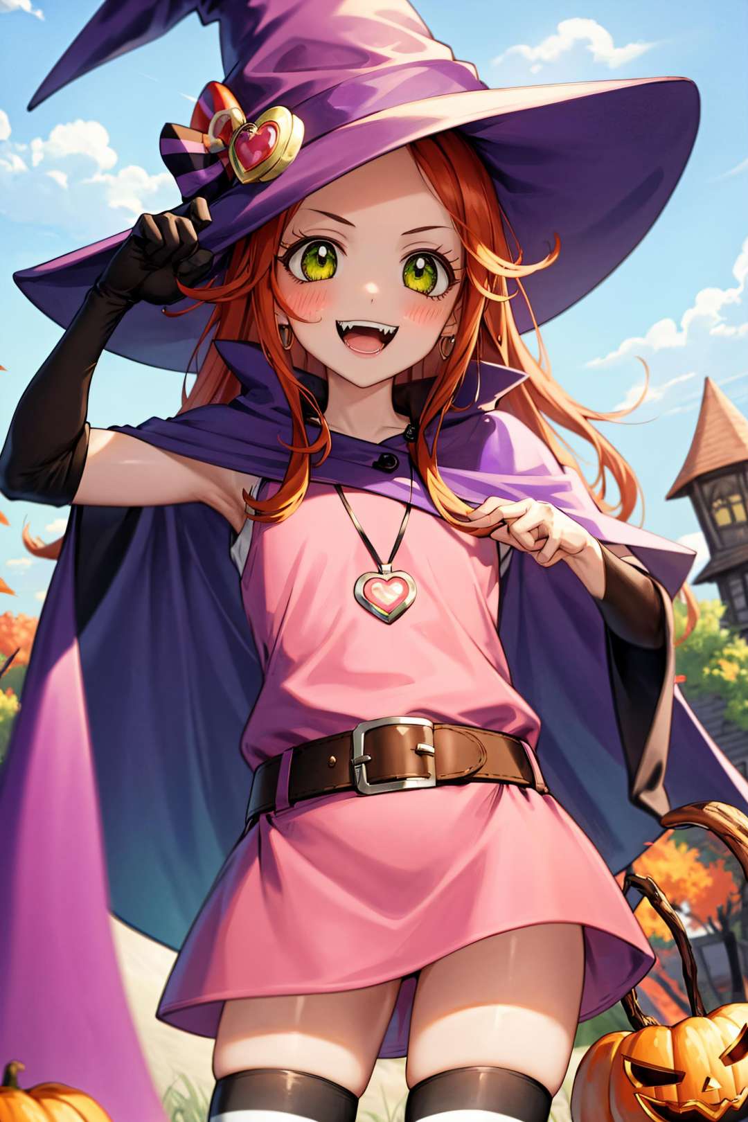 (Masterpiece, Best Quality:1.3), highres, 8k, highly detailed, 2d, illustration, <lora:Sugar_Rune-20:0.9>, sugar_rune, cowboy shot, looking at viewer, 1girl, solo,  (detailed face, detailed eyes),  ;d, fangs, victory pose, orange hair, long hair, flipped hair, green eyes, (striped thighhighs:1.2), pink cape, pink short dress, witch hat, buckle, belt,  pendant, heart, standing,  depth of field, halloween, sky, autumn, marker \(medium\), bloom:0.3, ((pink theme))