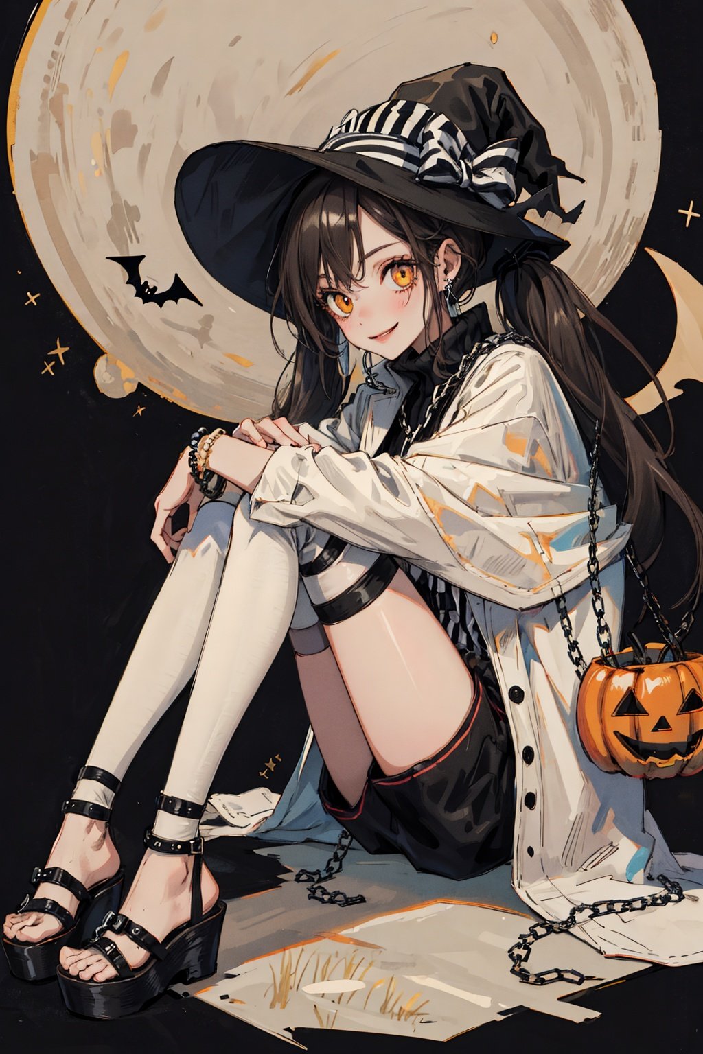 (Masterpiece, Best Quality:1.3), highres, 8k, highly detailed, 2d, solo, 1girl,(faux traditional media:1.3), manga, illustration, fantasy, sugar_rune, (black background), sitting, hugging own legs, from side, looking at viewer, orange eyes, shirt, bag, polka dot, beads, heart (symbol), dress, smile, black hair, hairband_bow, coat, multicolored theme, earrings, witch hat, bow, curls, (detailed face, detailed eyes), bracelet, jacket, fashion, capelet, striped thighhighs, shorts, double vertical stripes, handbag, chain, wedge heels, very long hair, striped, bat wings, jewelry, (full body,:1.3), __color__ hair, (Depth of field), perfect composition, film grain, (Halloween:1.2), {low twintails|half updo}, (sidelocks), ribbon trim, [turtleneck dress], [gothic], <lora:EMS-27725-EMS:0.65>