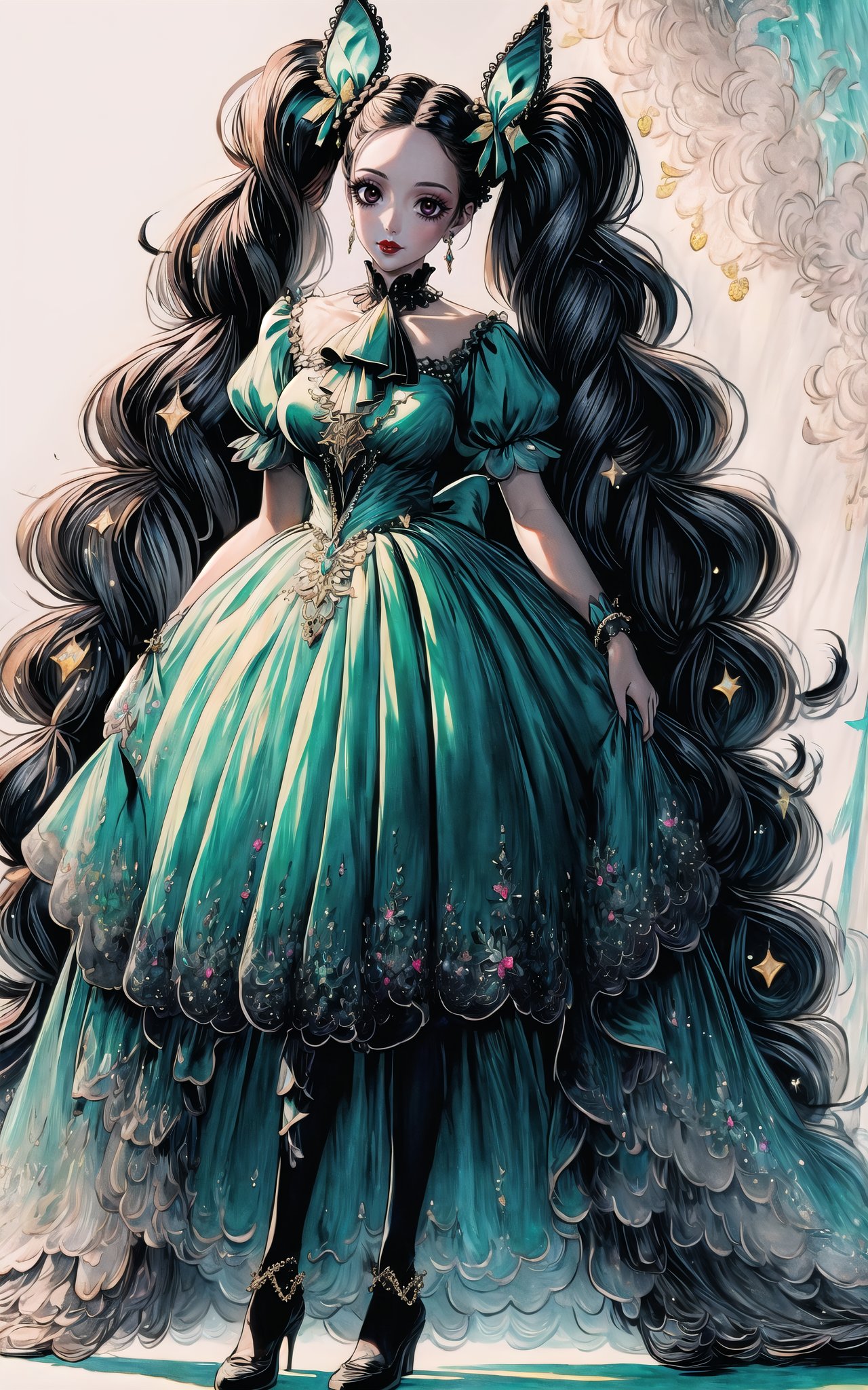 (Masterpiece,  Best Quality:1.3),  insaneres,  (8k resolution),  (centered),  digital illustration,  (outline,  thick lineart),  frilled collar,  doll dress,  bonnet,  glowing,  black eyes,  black hair,  hair bow,  full angle view,  see-trough dress,  bloom,  shadow,  (faux traditional media:1.3),  long bangs,  (detailed eyes,  perfect face),  jewelry,  beaded curtain,  colorful,  sidelocks,  looking at viewer,  large breasts,  ascot,  (multicolored theme:1.2),  frilled collar,  sigle braid,  skirt set,  knee-high stockings,  giggling,  teal and green theme,  tan skin,  magical girl, sugar_rune, fodress, 1 girl,<lora:EMS-50984-EMS:0.600000>,<lora:EMS-1093-EMS:0.400000>,<lora:EMS-47252-EMS:0.700000>,<lora:EMS-179-EMS:0.200000>,<lora:EMS-27725-EMS:0.300000>