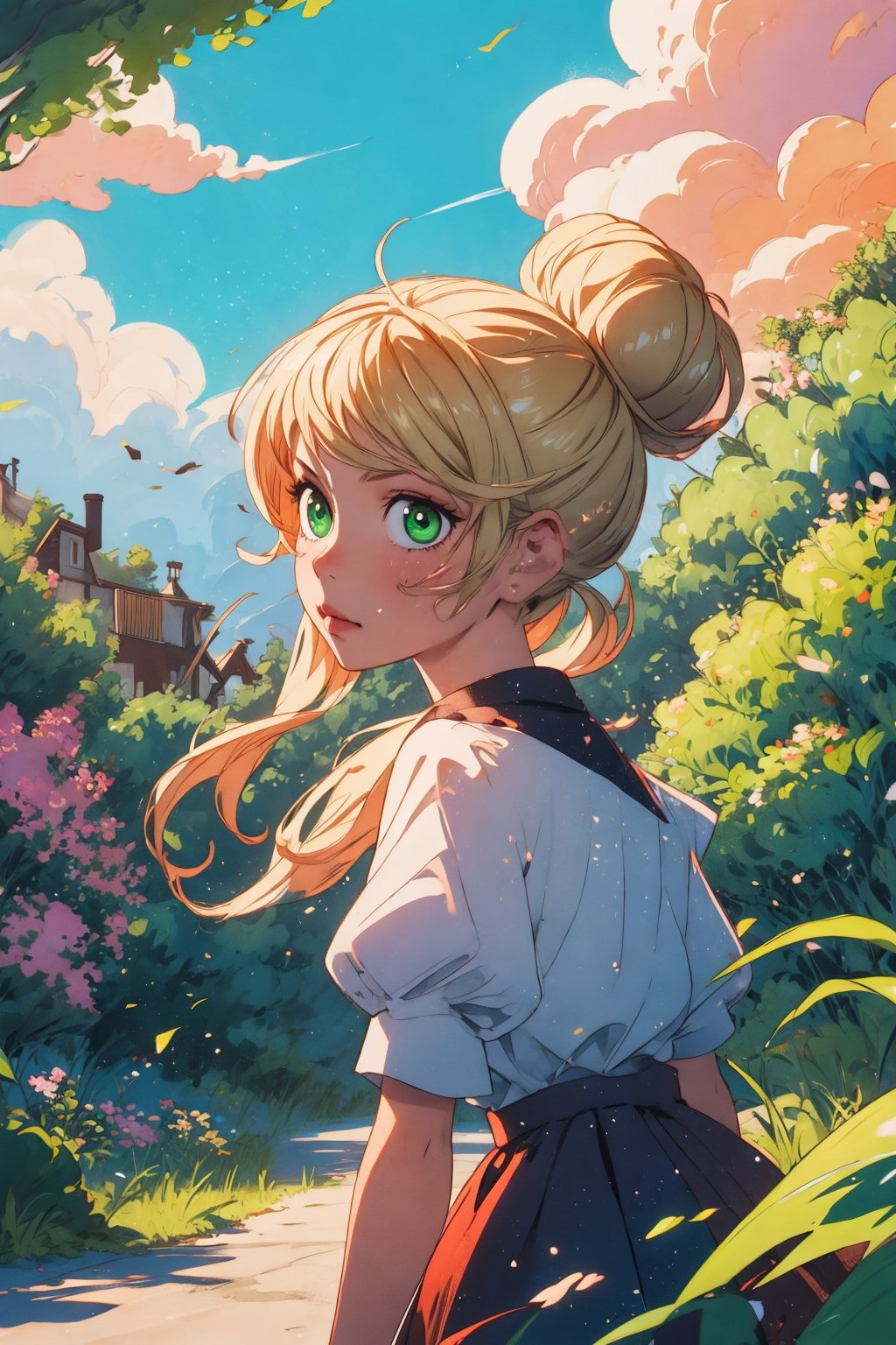 (masterpiece, best quality), 8k, digital illustration, ultra detailed, highest quality, sugar_rune, faux traditional media, cute, beautiful, solo, cowboy shot, dynamic pose, upper body, 1girl, stylish, green eyes, blonde hair, doughnut hairbun, enchanting, floating particles, paradise, nature, scenery, intricate details, dress, shoes, stockings, dynamic, cinematic lighting, outdoors, sunlight, <lora:EMS-27725-EMS:0.7>