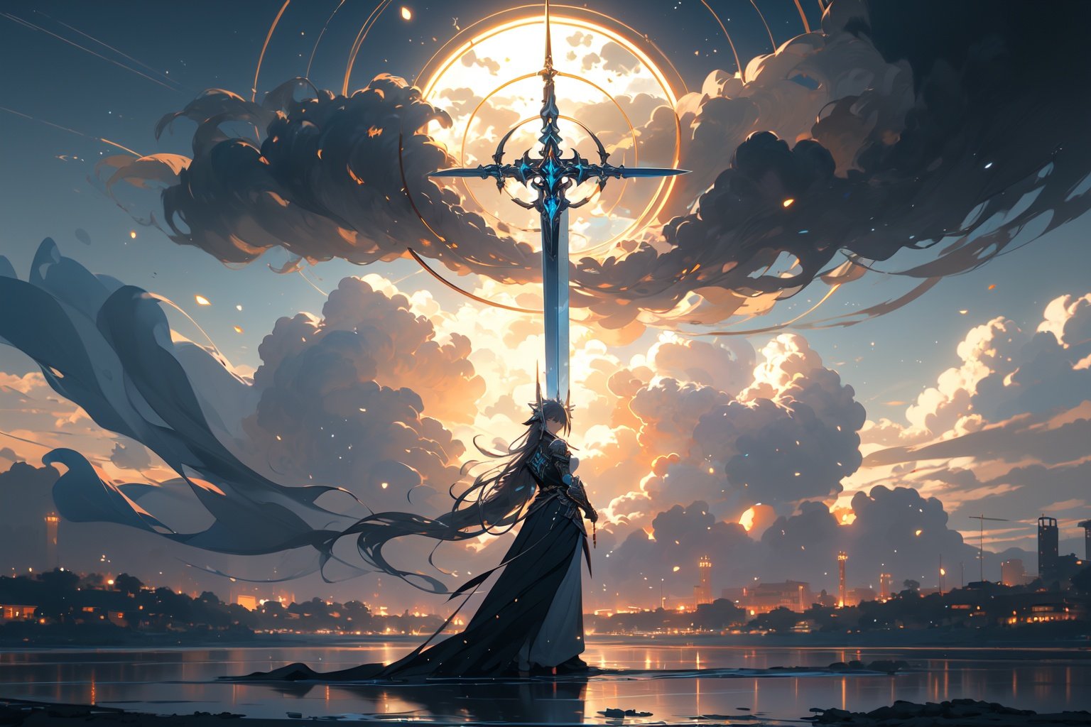 (masterpiece:1.2), best quality,realistic,midjourney,long hair, moon, cloud, solo, scenery, holding, weapon, standing, sky, outdoors, halo, sword, holding weapon, cloudy sky, wide shot, 1girl, holding sword, from behind, dress, very long hair, black dress <lora:midjourney:1>