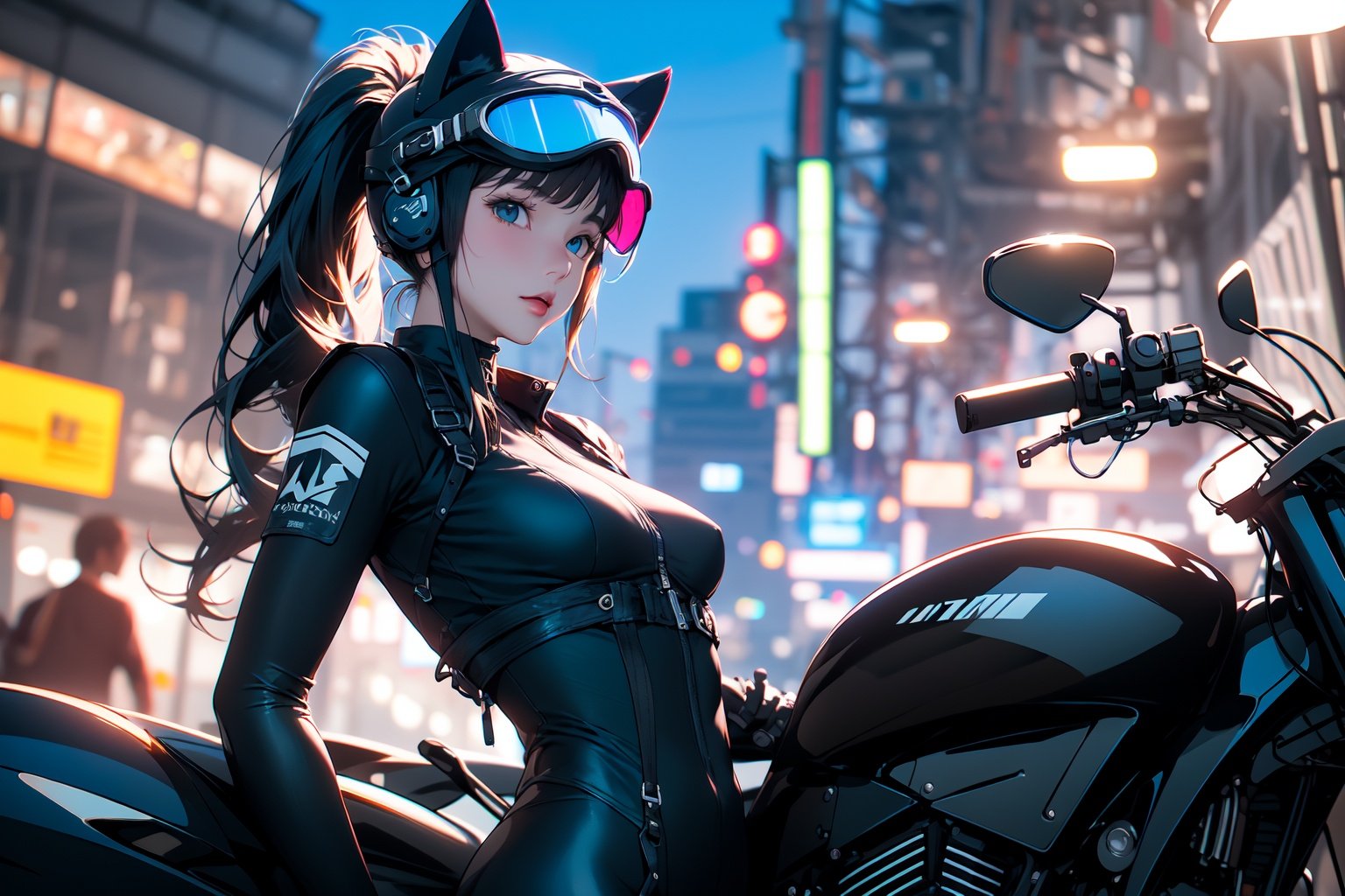 (masterpiece:1.2), best quality,realistic,midjourney,1girl, motorcycle, ground vehicle, motor vehicle, solo, helmet, long hair, bodysuit, animal ears, blue eyes, motorcycle helmet, blurry background, blurry, looking at viewer, gloves, breasts, cat ears, black bodysuit, biker clothes, sitting, black gloves, ponytail, fake animal ears, night, medium breasts, collar, skin tight, depth of field, goggles <lora:midjourney:1>