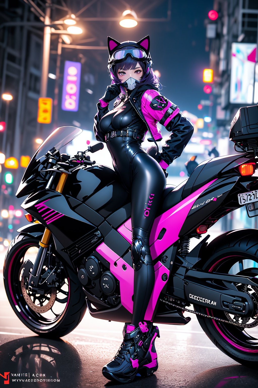 (masterpiece:1.2), best quality,realistic,midjourney,motorcycle, 1girl, ground vehicle, motor vehicle, solo, animal ears, bodysuit, helmet, mask, purple eyes, tail, cat ears, motorcycle helmet, breasts, black bodysuit, looking at viewer, goggles, gloves, night, mouth mask, skin tight, on motorcycle, fake animal ears, cyberpunk, cat tail, purple hair, blurry, medium breasts, full body, blurry background <lora:midjourney:1>