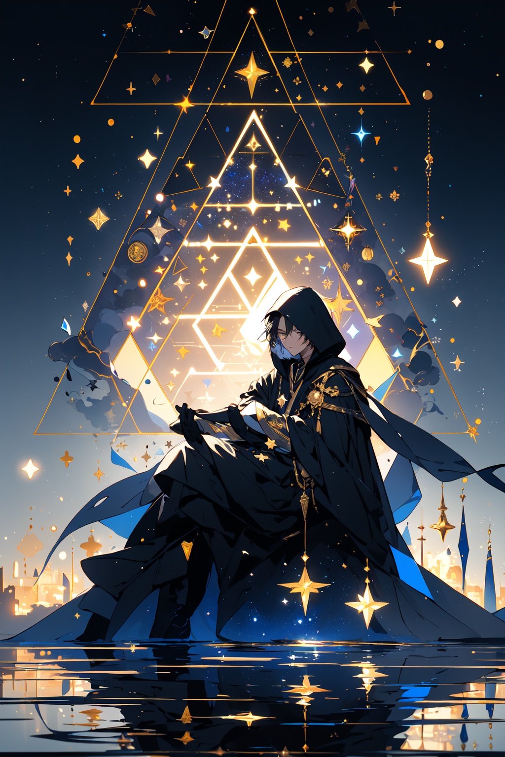 (masterpiece:1.2), best quality,pixiv,midjourney,constellation, solo, 1boy, male focus, hood, sitting, star (sky), book, star (symbol), cloak, hood up, holding, glowing, robe, black hair, jewelry, long sleeves, gloves, sky, water, hooded cloak, hair between eyes, starry sky, closed mouth, gold trim, black gloves, black cloak, sparkle <lora:midjourney:1>