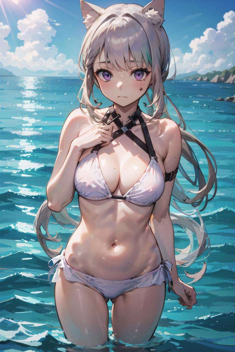 masterpiece, best quality, 1girl, purple eyes, <lora:Genshin_Lynette_AP_v1:0.7>, white swimsuit, navel, closed mouth,  beach, 