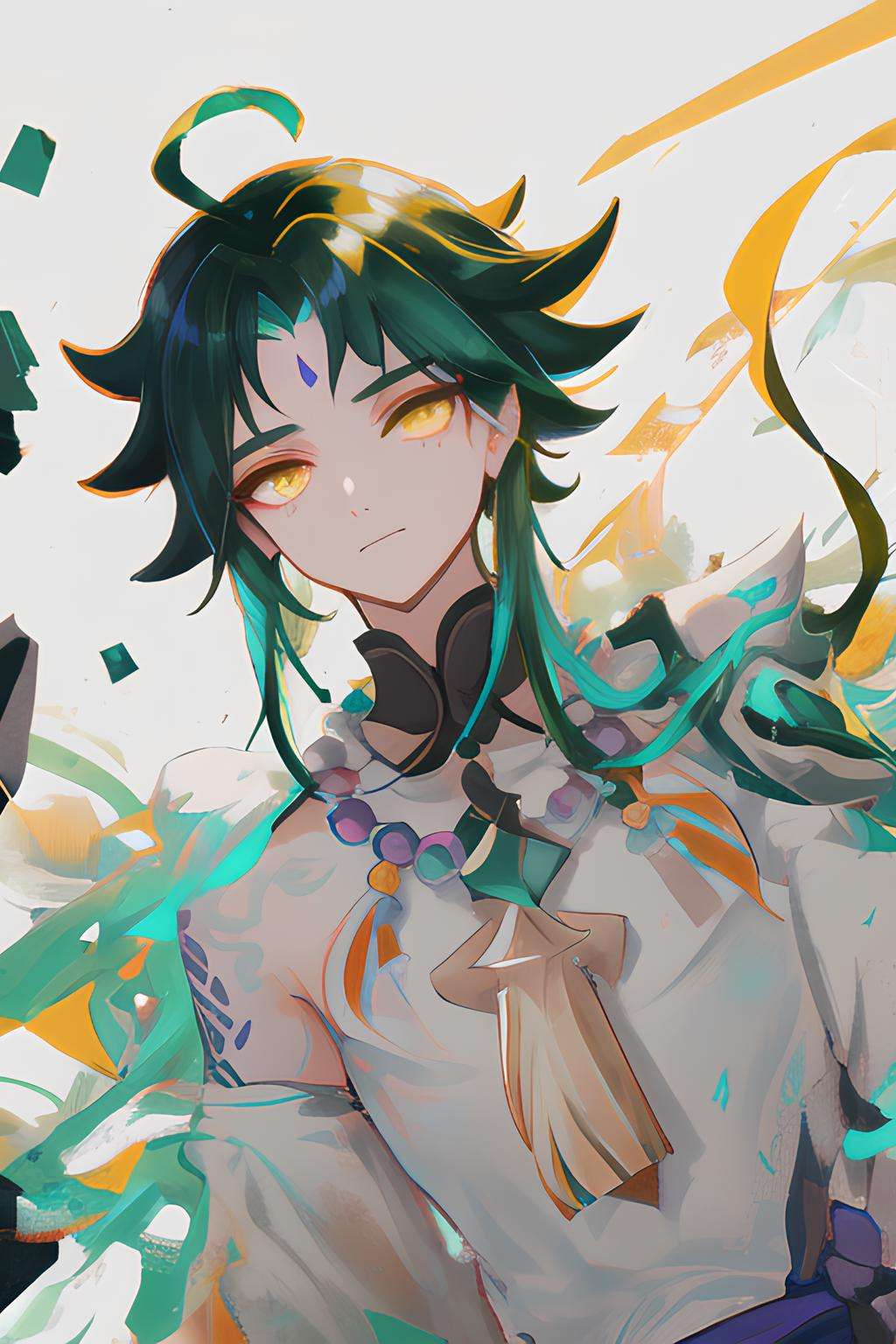 masterpiece, best quality,solo,1boy, <lora:xiao:0.7>,xiao_\(genshin_impact\), arm_tattoo, male_focus, 1boy, green_hair, forehead_mark, yellow_eyes, facial_mark, grey_background, body_markings, bead_necklace, chest_tattoo, jewelry, (dynamic angle:1.3)