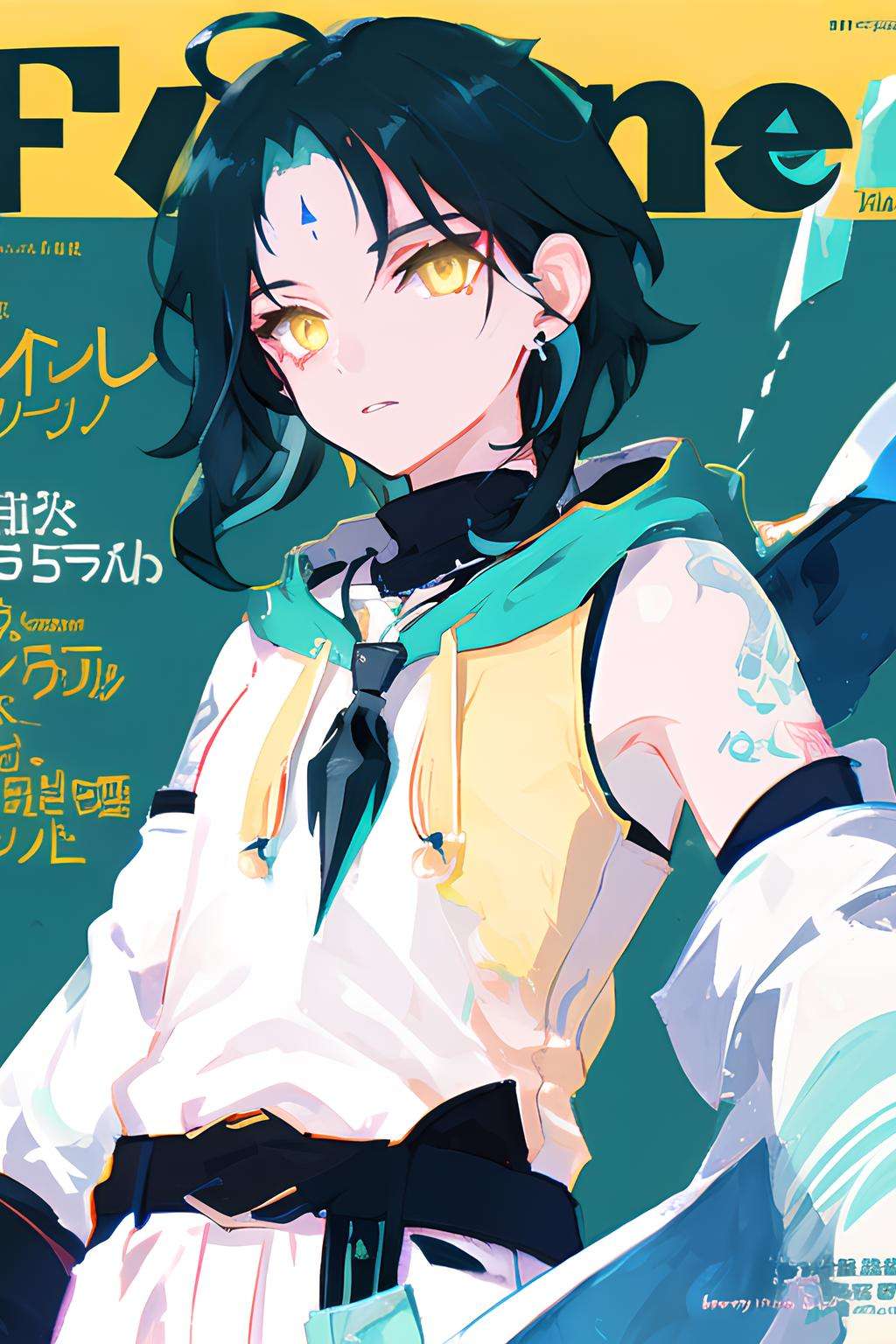 masterpiece, best quality, ultra detailed,illustration,  detailed light, (dynamic angle), detailed eyes, ((magazine cover)), <lora:Genshin_Xiao_AP:0.8>,((1boy)),  solo, flat chest,  (multicolored hair:0.7), dark green hair, messy short hair, yellow eyes, (forehead mark:0.7), forehead, ahoge,  necklace, arm tattoo, detached sleeves, hooded coat, (buckle), bumbag,earrings,belt,((fashion)), street style, (waist), color contrast, simple background,upper body, looking at viewer,glowing eyes, light particles, 