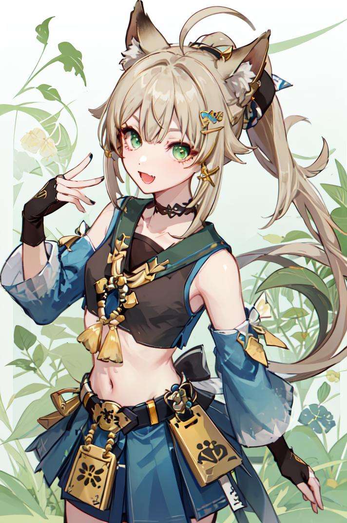 masterpiece, best quality,<lora:Genshin_Kirara_AP_v1:0.7:LESS>, 1girl, official, head, green eyes,animal ears, ahoge, (long straight hair:1.2), ponytail, hair ornament,bare shoulders, (black crop top:1.3), small breasts, navel, detached sleeves, elbow gloves, fingerless gloves,(two tails:1.1), skirt,happy, open mouth, fang, from above, green background,