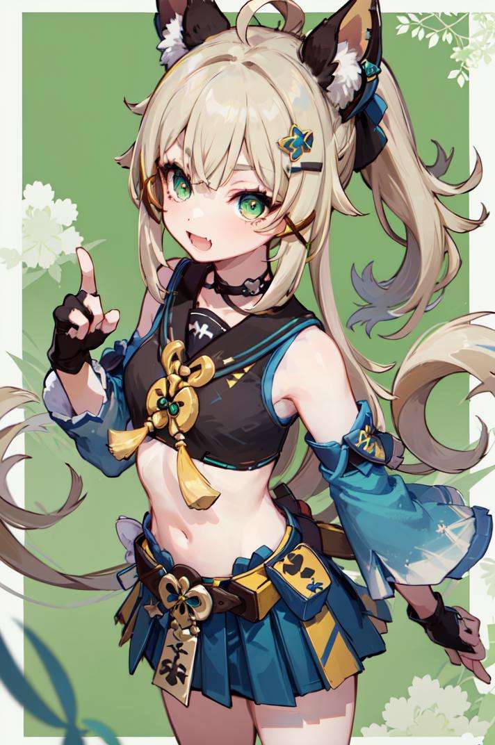 masterpiece, best quality, <lora:Genshin_Kirara_AP_v1:0.7:LESS>, 1girl, official, head, green eyes, animal ears, ahoge, (long straight hair:1.2), ponytail, hair ornament, bare shoulders, (black crop top:1.3), small breasts, navel, detached sleeves, elbow gloves, fingerless gloves, (two tails:1.1), skirt,happy, open mouth, fang, from above, green background, 