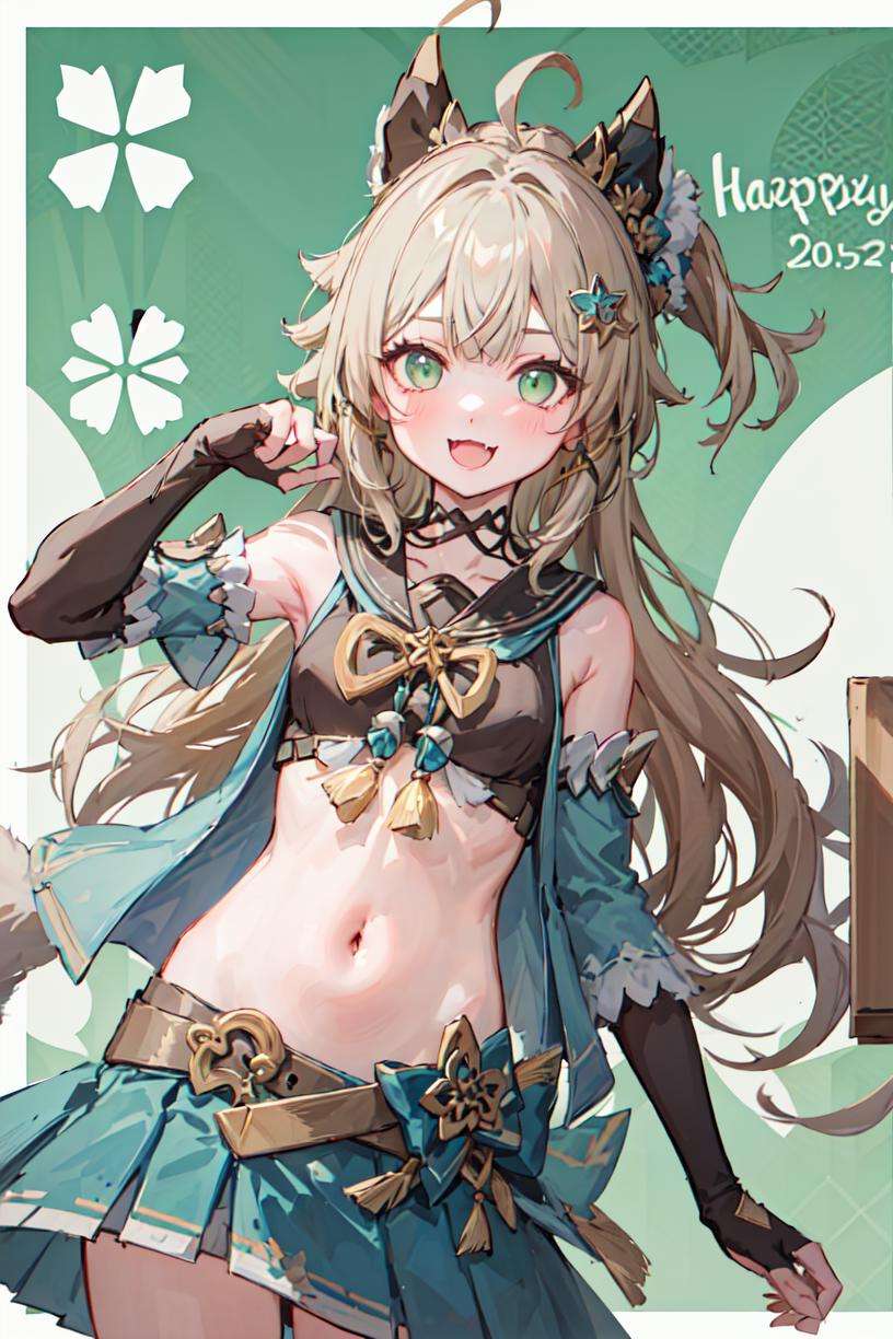 masterpiece, best quality, <lora:Genshin_Kirara_AP_v2:0.7>,1girl, official, green eyes,ahoge, hair ornament, bare shoulders, navel, detached sleeves, elbow gloves, fingerless gloves, tail, skirt,happy, open mouth, fang, upper body,  