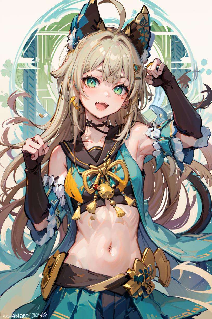 masterpiece, best quality, <lora:Genshin_Kirara_AP_v2:0.9>,1girl, official, green eyes,ahoge, hair ornament, bare shoulders, navel, detached sleeves, elbow gloves, fingerless gloves, tail, skirt,happy, open mouth, fang, upper body,  