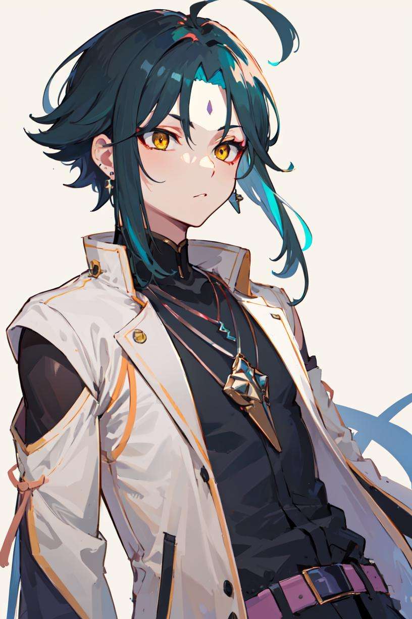 masterpiece, best quality, 1boy, male focus, yellow eyes,  <lora:Genshin_Xiao_AP_v3:0.65>, jacket, necklace, earrings, shirt, detached sleeves, simple background, 