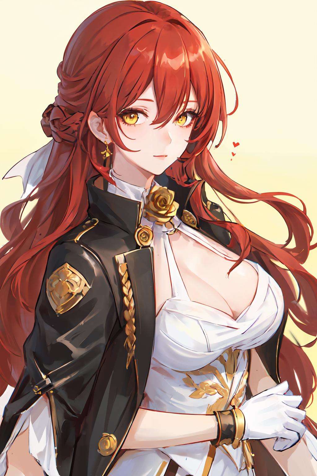 masterpiece, best quality, 1girl, head, official,  <lora:StarRail_Himeko_AP_v1:0.7:LESS>,yellow eyes, red hair, white dress, black gloves, long hair, black jacket, golden rose on neck, (mole on breast:0.8), yellow background, simple background, upper body,