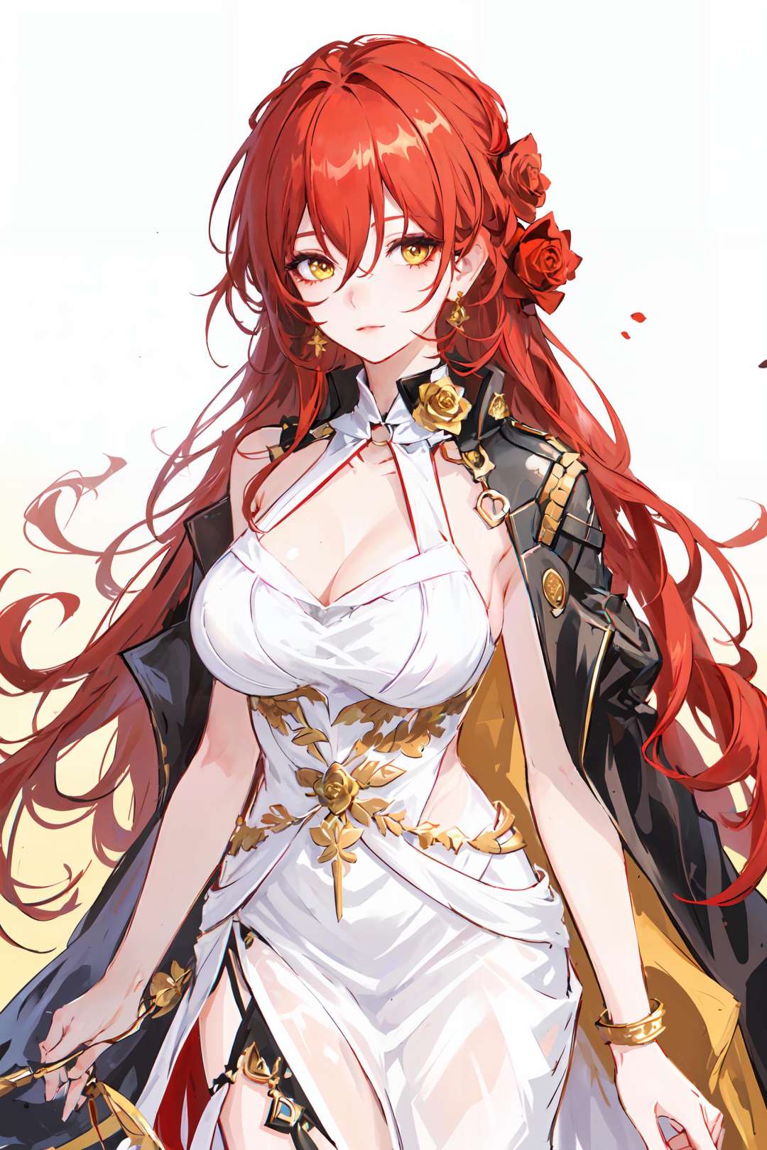 masterpiece, best quality, <lora:StarRail_Himeko_AP_v1:0.65:LESS>,1girl, head, official,yellow eyes, red hair, long hair, large breasts,single earring, white dress, black jacket, (golden rose on neck:1.1),yellow background, white background, simple background,looking at viewer,