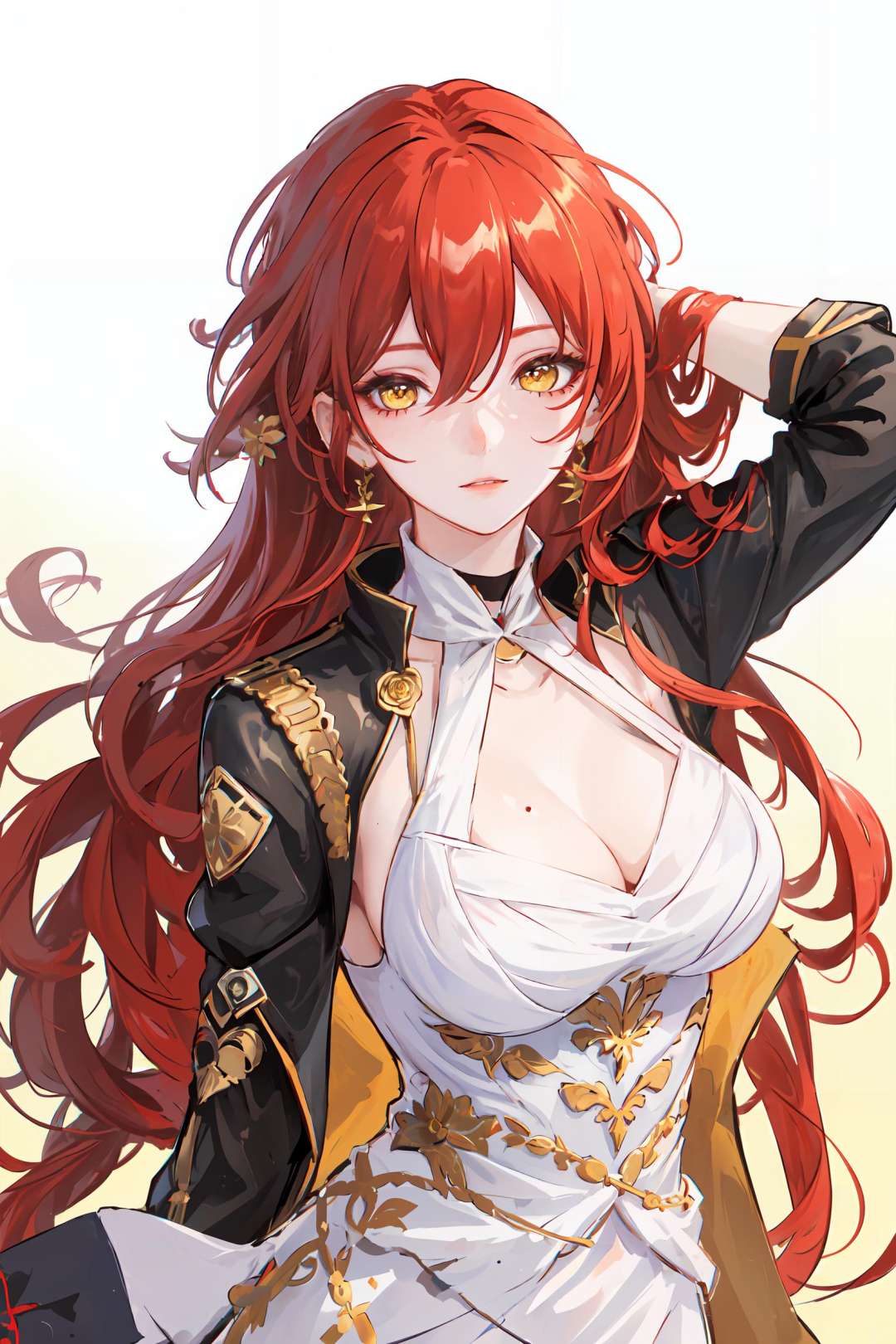 masterpiece, best quality, <lora:StarRail_Himeko_AP_v1:0.65:LESS>,1girl, head, official,yellow eyes, red hair, long hair, large breasts,single earring, white dress, black jacket, (golden rose on neck:1.1),yellow background, white background, simple background, upper body, looking at viewer, (arms at sides:1.2),