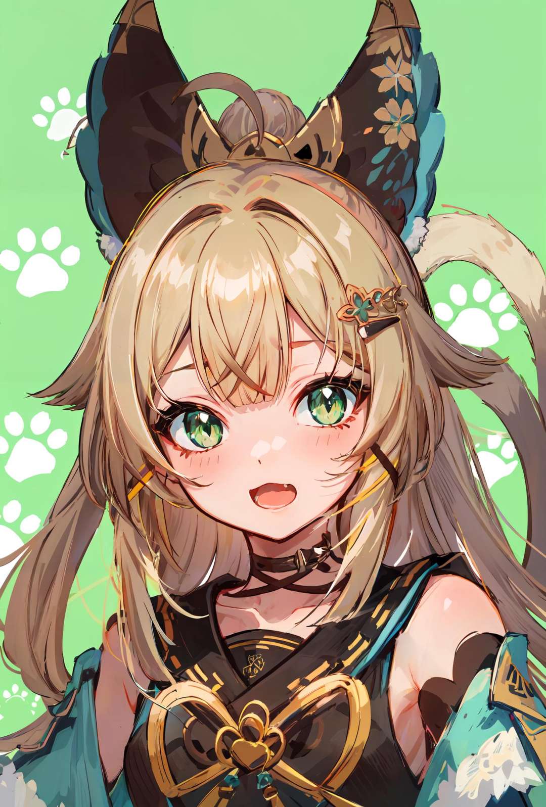 masterpiece, best quality, 1girl, green eyes, official, two tails, paw,<lora:Genshin_Kirara_AP_v3:0.75>, simple background, upper body, looking at viewer, open mouth, heart, paw print, happy, :3, green background,