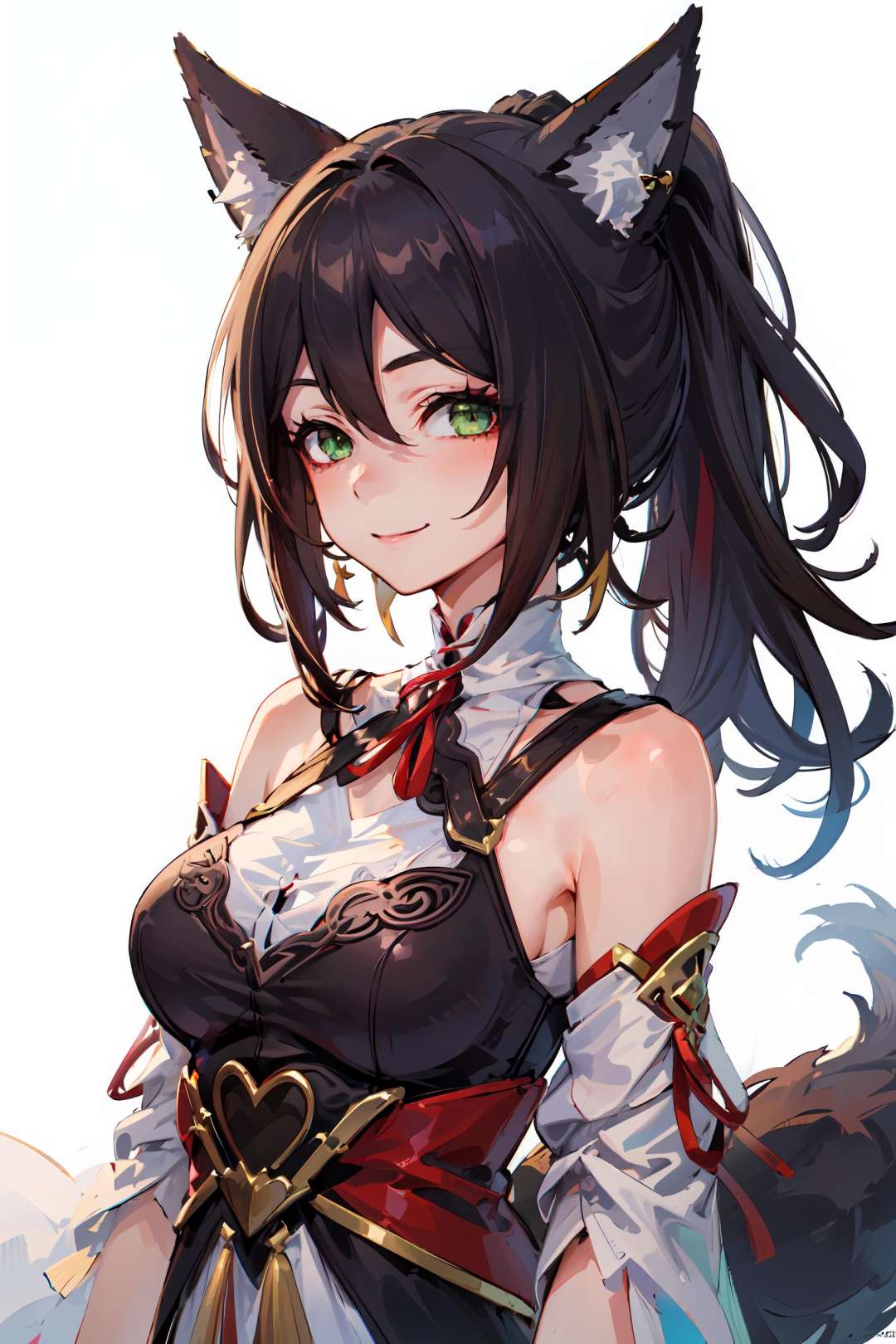 masterpiece, best quality,<lora:StarRail_Tingyun_AP_v1:0.75>, 1girl, solo, official,brown hair, animal ears, ponytail,hair ornament, green eyes, red eyeshadow, jewelry, detached sleeves, medium breasts, dress, tail, bracelet,smile, looking at viewer, upper body, simple background, white background, yellow background