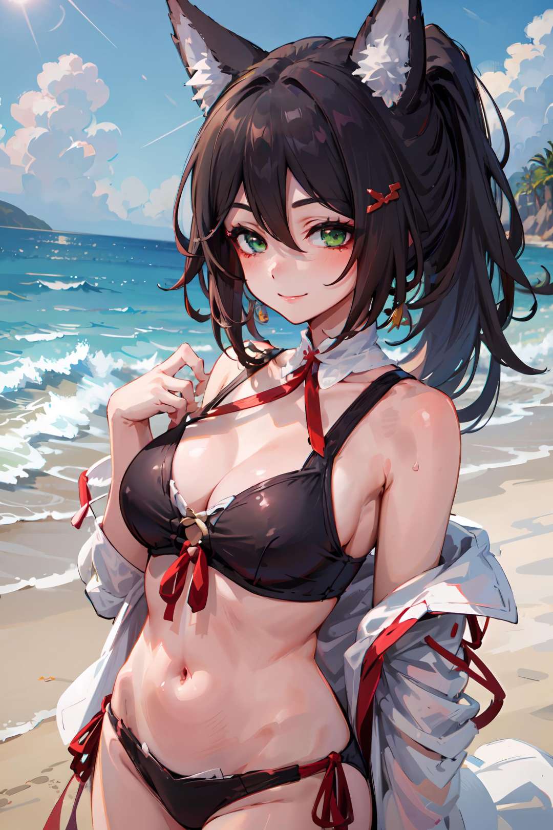 masterpiece, best quality,<lora:StarRail_Tingyun_AP_v1:0.7>, 1girl, brown hair, animal ears, ponytail,hair ornament, green eyes, red eyeshadow, smile,swimsuit, navel, frills, beach,