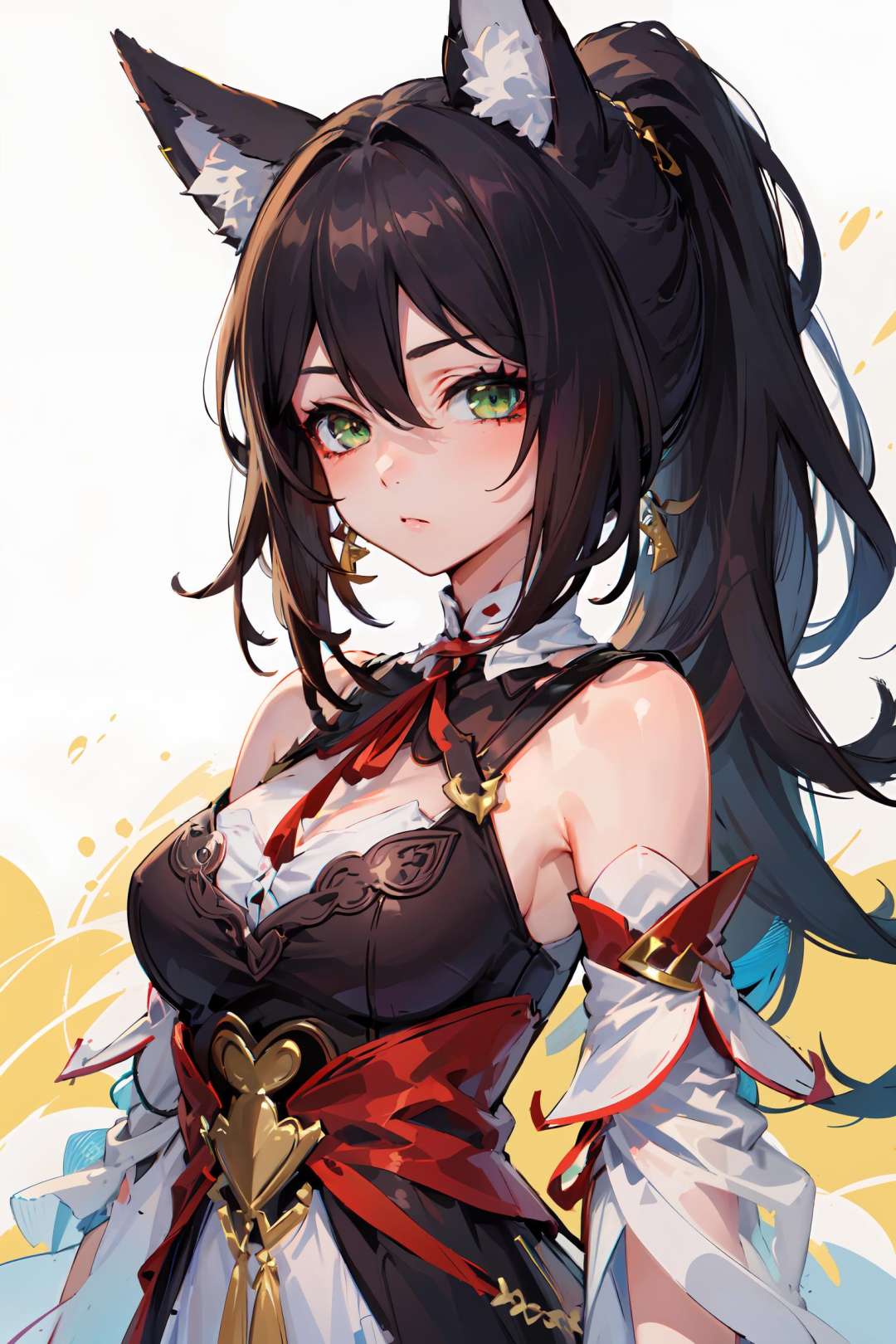 masterpiece, best quality,<lora:StarRail_Tingyun_AP_v1:0.75>, 1girl, solo, official,brown hair, animal ears, ponytail,hair ornament, green eyes, red eyeshadow, jewelry, detached sleeves, medium breasts, dress, tail, bracelet,looking at viewer, upper body, simple background, white background, yellow background