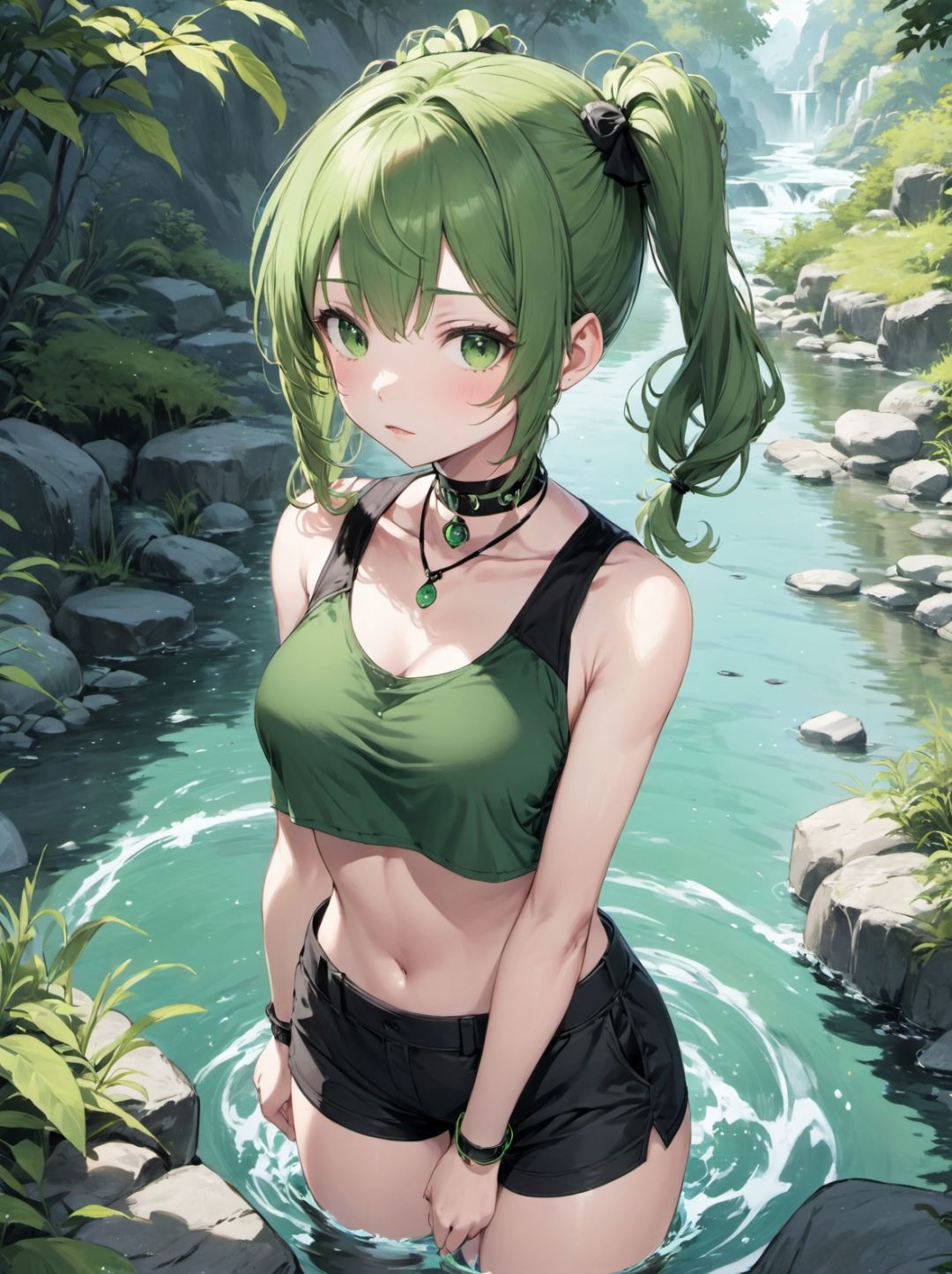 1girl, solo,  green, black, very short, low twintails hair, hair, tank top cropped pants choker , fantasy rivers daytime,,whole body