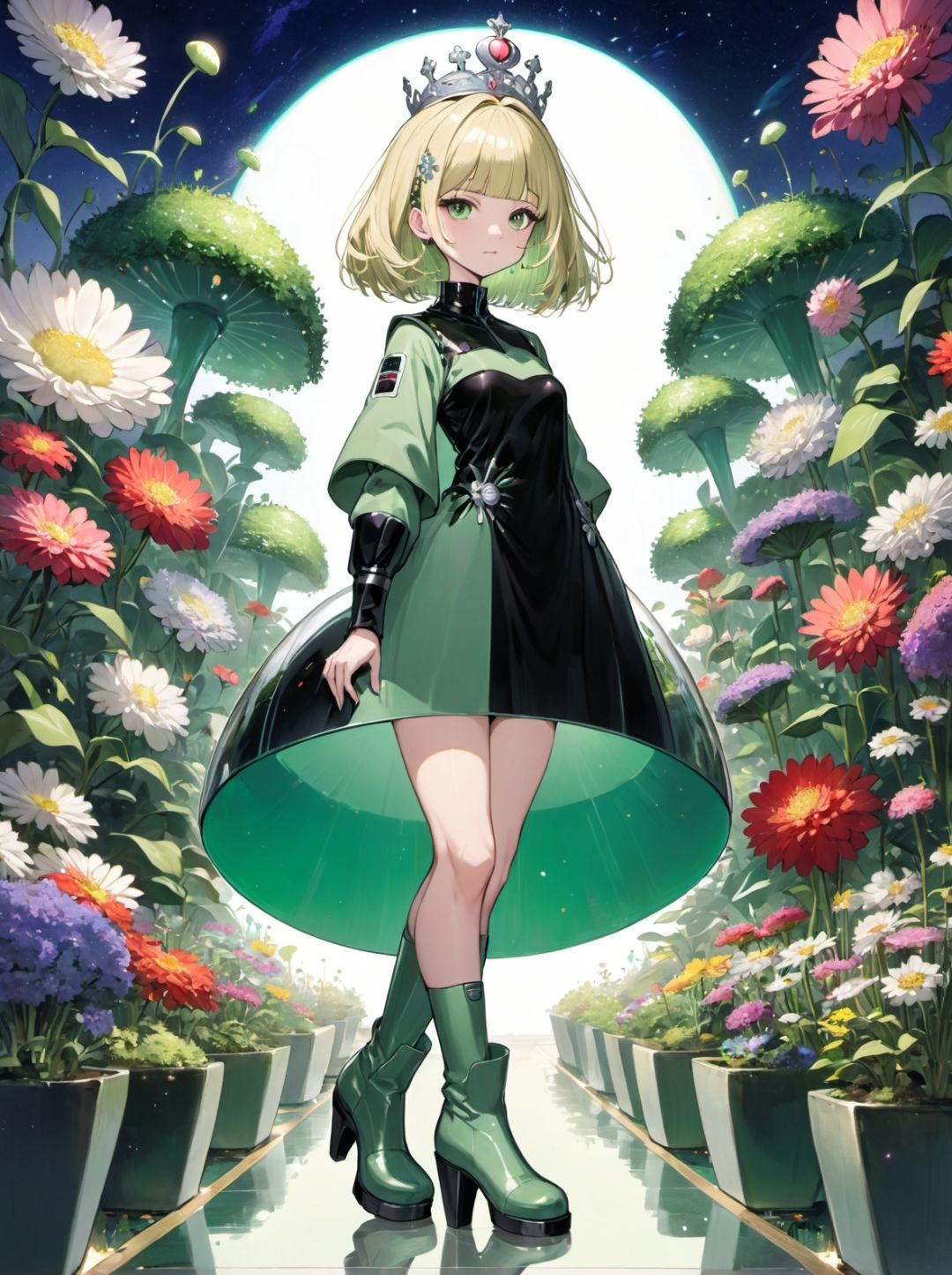 1girl, solo,  jade, blond, absurdly long, bowl cut hair, hair,serafuku tiara high heel boots, sci-fi flower garden evening,full body